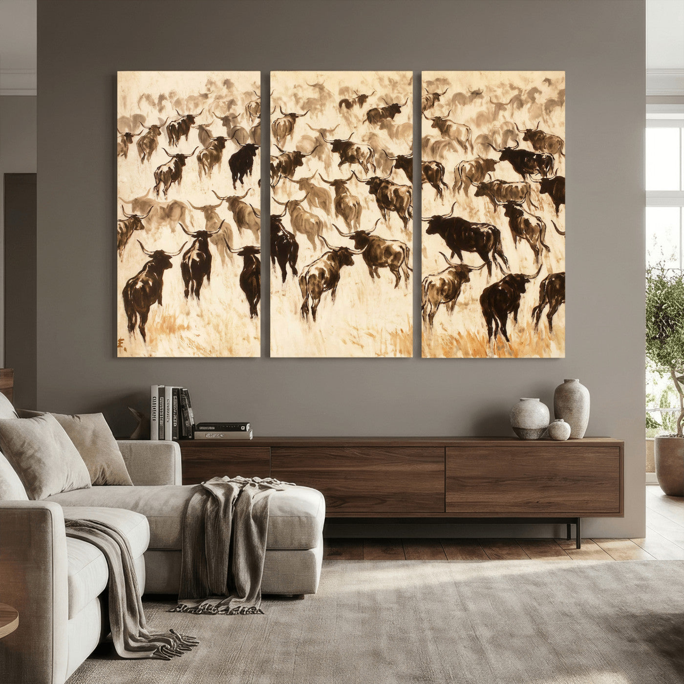 39077774-MGV-CV-36X24 - Texas Longhorn Sepia Canvas Wall Art, Western Cattle Stampede Painting Print, Warm Amber Ranch Decor, Rustic Cowboy Home Art, Large Living Room Decor