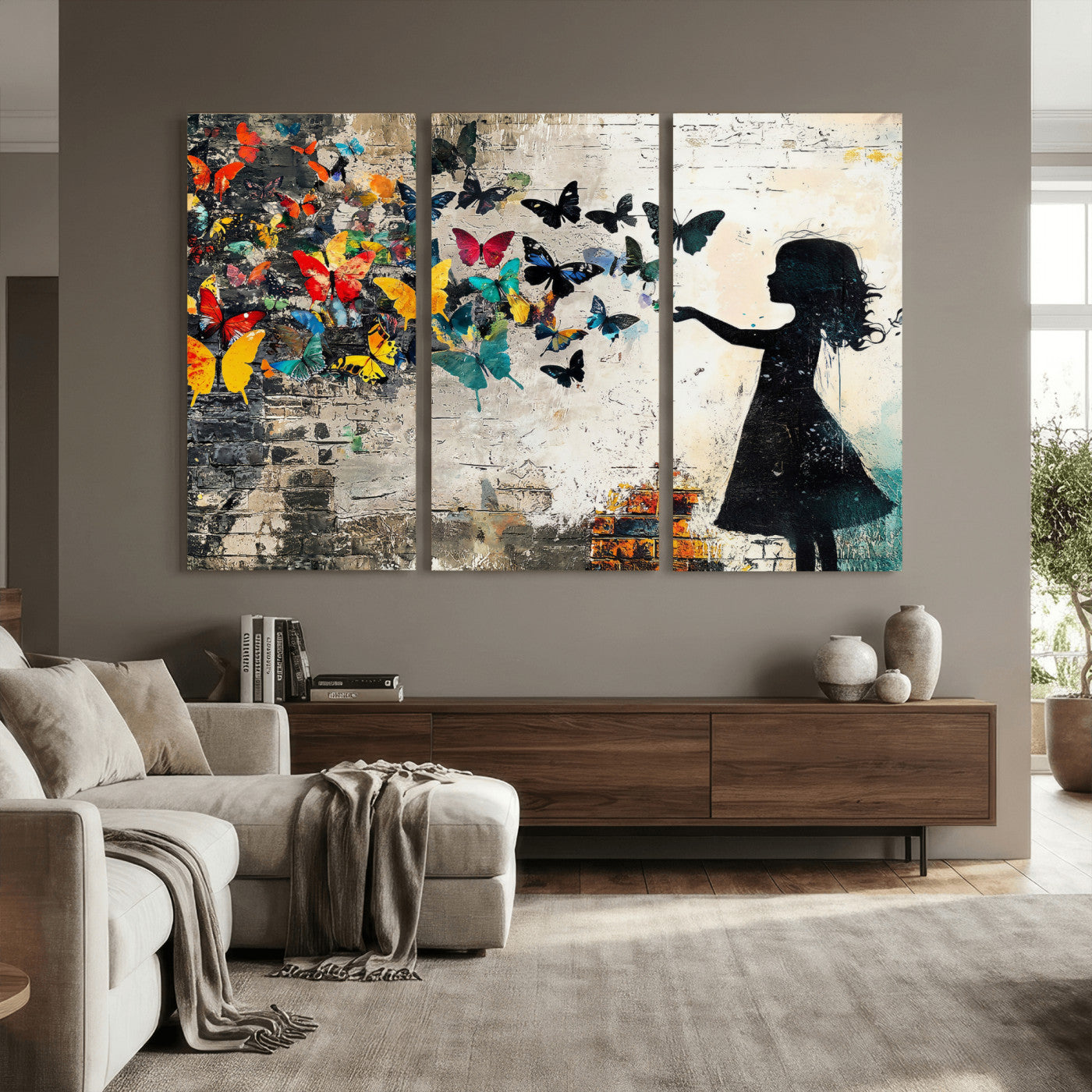 33909022-MGV-CV-36X24 - Banksy Butterfly Girl Wall Art Canvas Print, Framed Street Art Silhouette Graffiti Artwork, Colorful Butterfly Wall Decor for Living Room Bedroom Office