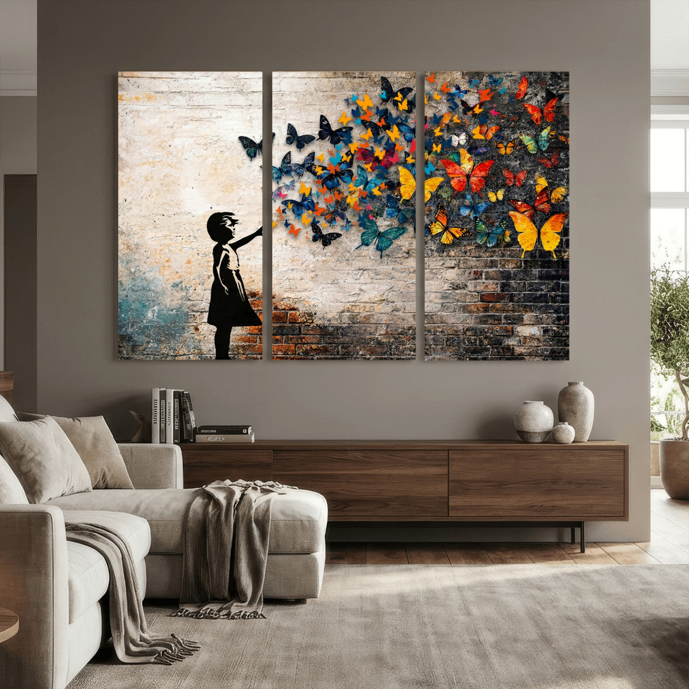 78760384-MGV-CV-36X24 - Banksy Graffiti Butterfly Girl Wall Art Canvas Print, Framed Street Art Canvas Print, Silhouette Butterfly Wall Art for Living Room Bedroom Office