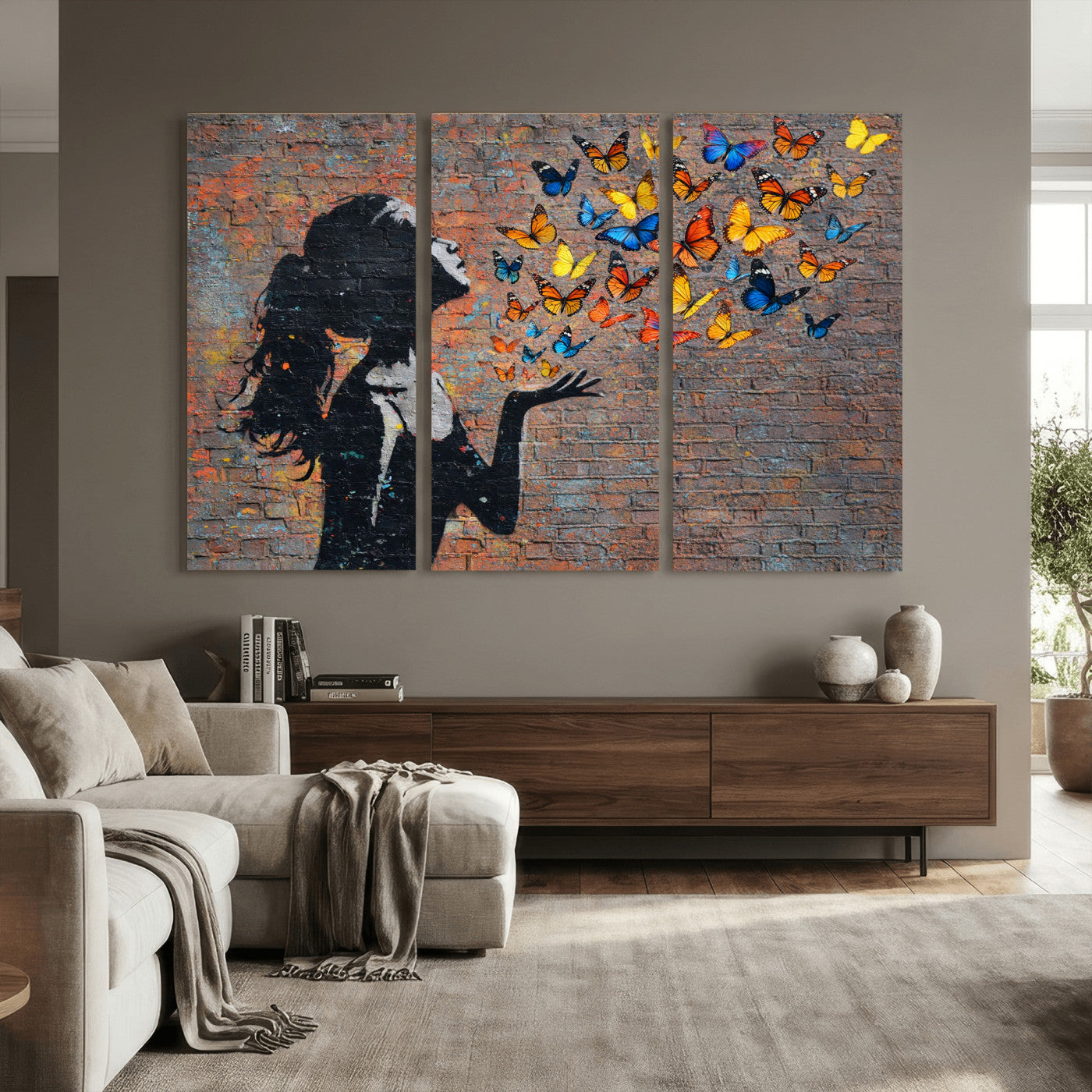 10555939-MGV-CV-36X24 - Urban Banksy Butterfly Girl Wall Art Canvas Print, Framed Street Art Canvas Print, Graffiti Silhouette Butterfly Wall Art for Living Room Bedroom Office