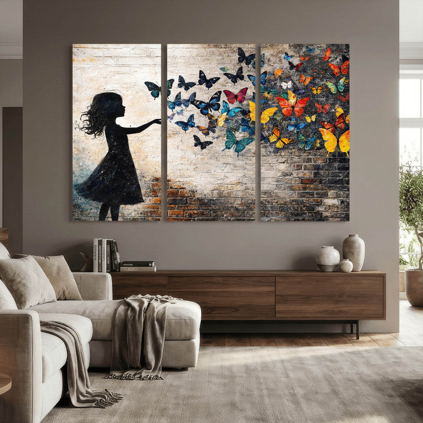 70522594-MGV-CV-36X24 - Banksy Butterfly Girl Wall Art Canvas Print, Framed Street Art Canvas Print, Graffiti Silhouette Butterfly Wall Art for Living Room Bedroom Office