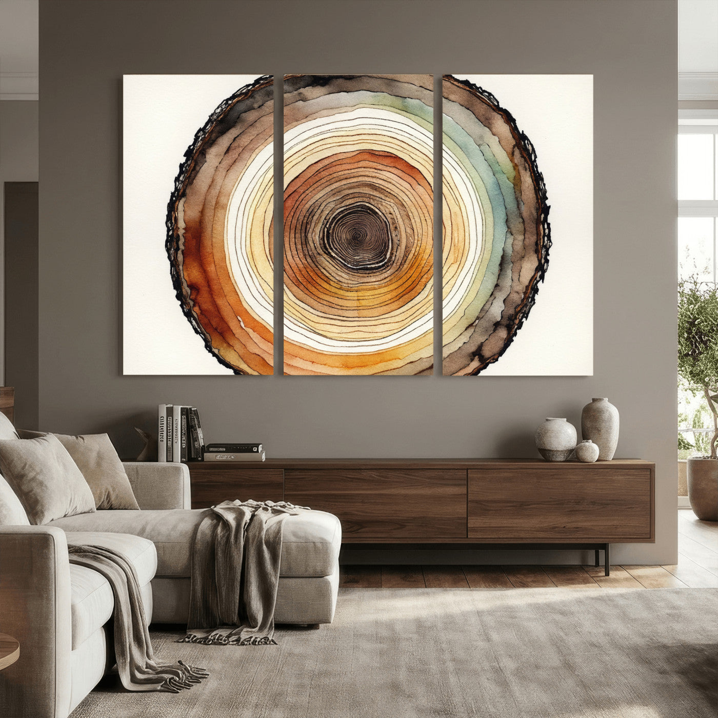 13719680-MGV-CV-36X24 - Natural Wood Slice Wall Art Canvas Print, Tree Ring Wall Art, Framed Abstract Nature Wall Decor, Earth Tone Statement Canvas Print