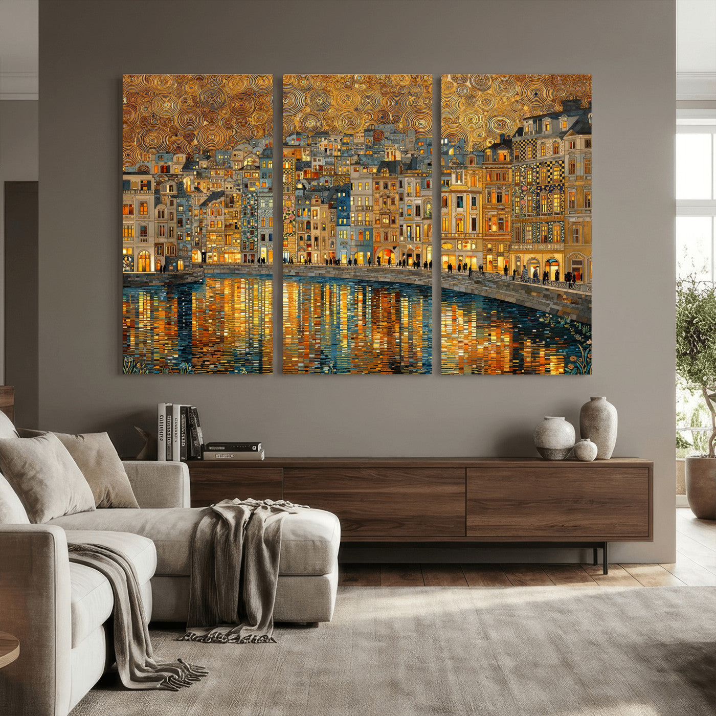 94022787-MGV-CV-36X24 - Gustav Klimt Golden Cityscape Wall Art Canvas Print, Framed River Town Landscape Artwork, Ornate Architecture Wall Decor for Living Room Bedroom Office