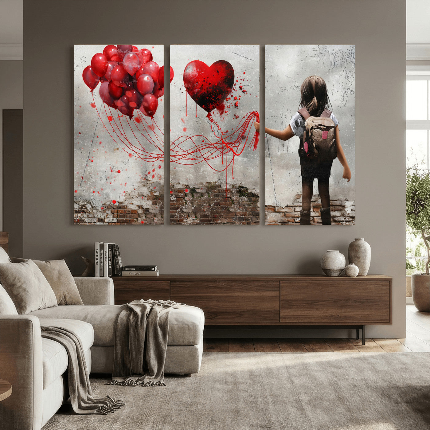 2162830T-MGV-CV-36X24 - Girl Graffiti Wall Art Canvas Print, Red Balloon Heart Street Art, Urban Love Artwork for Living Room Bedroom Hallway Office, Modern Abstract Canvas Wall Decor Home Decor