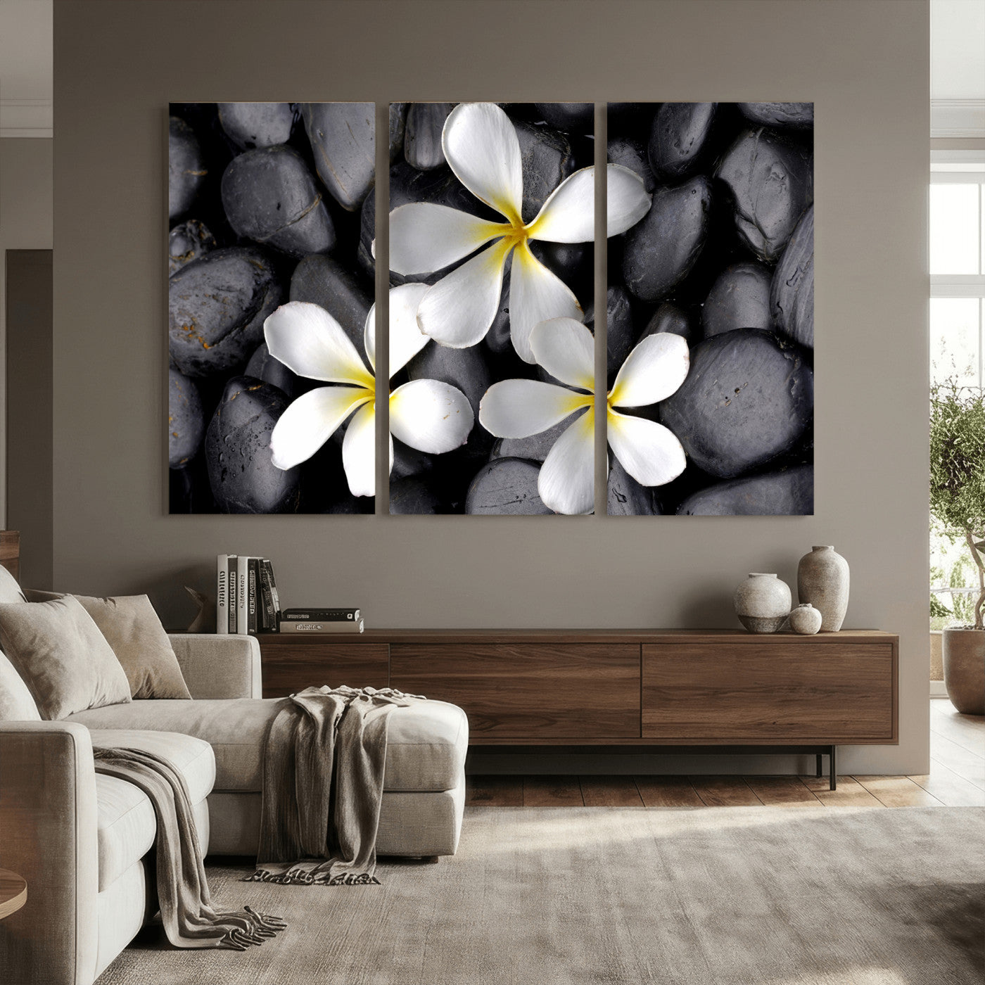 43639613-MGV-CV-36X24 - Plumeria Frangipani Black Stone Canvas | White Flower Spa Photography Print | Tropical Zen Wall Art | Grey Pebble Floral Decor
