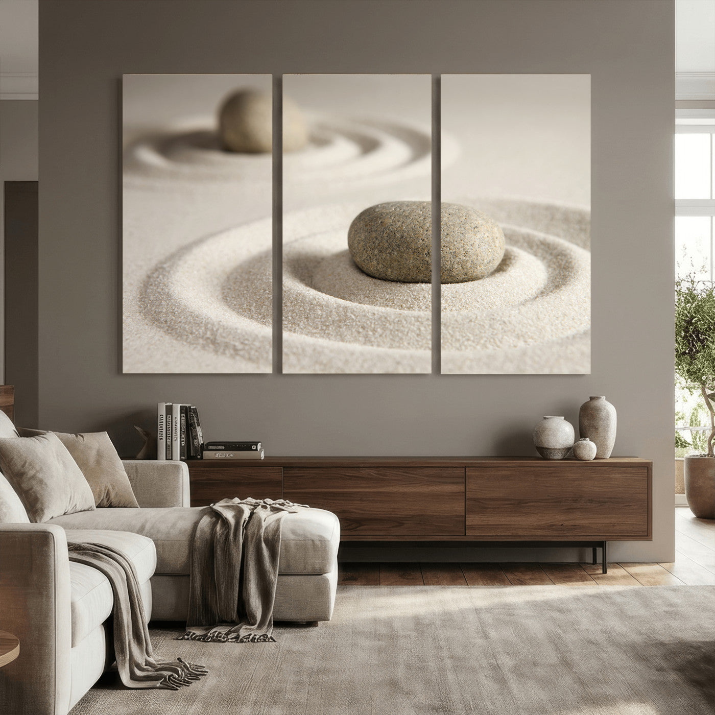 13397966-MGV-CV-36X24 - Zen Garden Stone Sand Canvas | Japanese Rock Garden Wall Art | Minimalist Meditation Print | Neutral Beige Mindfulness Decor