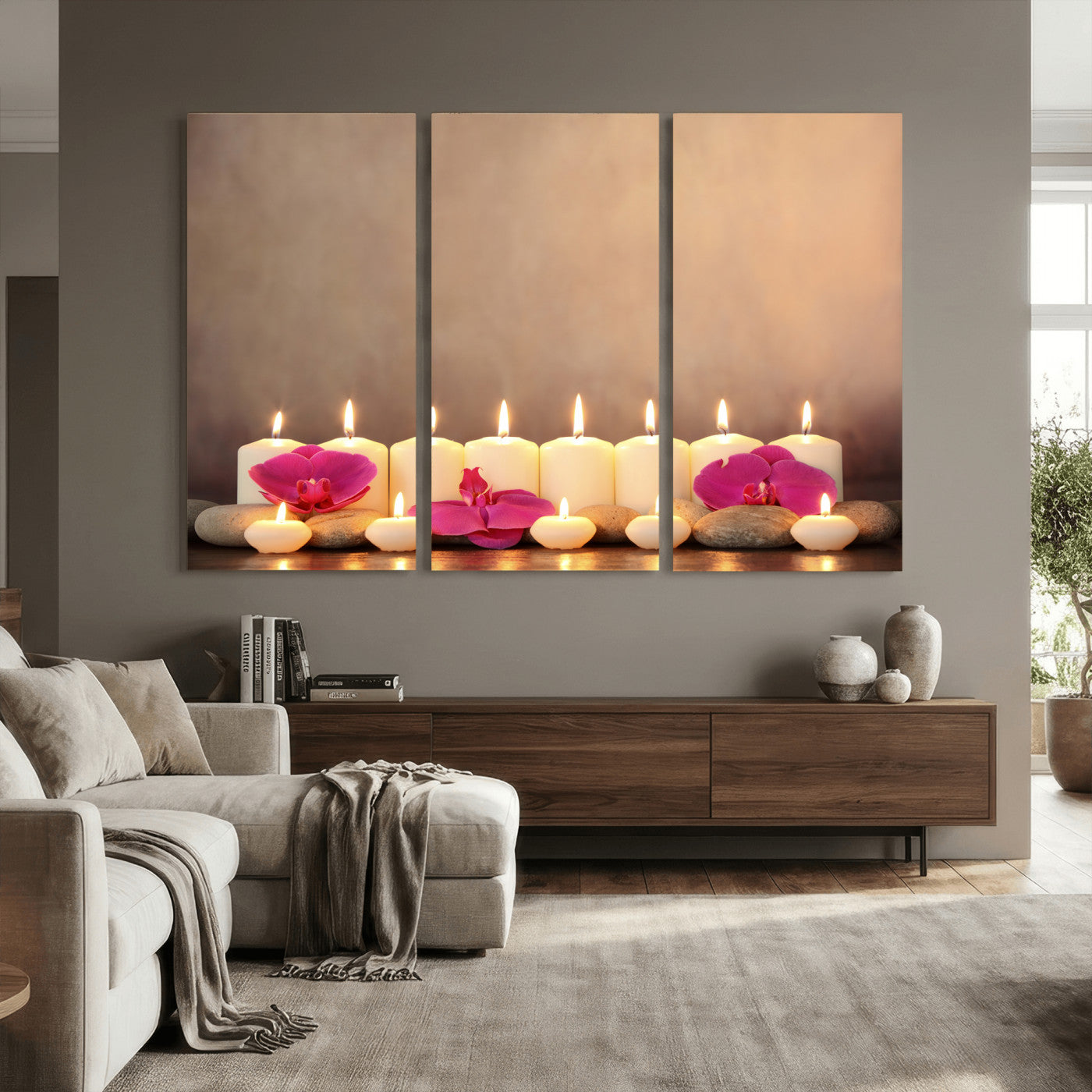 59470569-MGV-CV-36X24 - Spa Candles Orchid Canvas Print | Zen Wellness Relaxation Wall Art | Pink Flower Candlelight Bathroom Decor | Calm Beige Photography