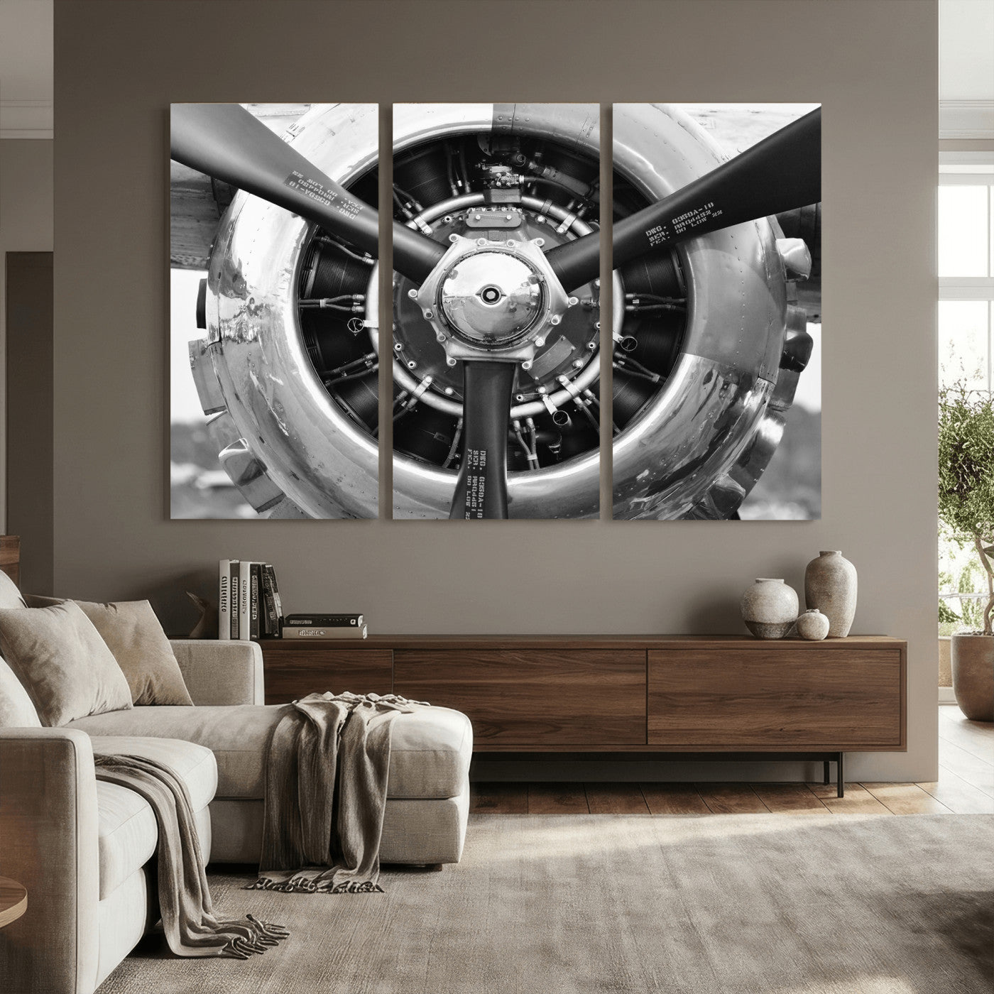 73322230-MGV-CV-36X24 - Vintage Propeller Plane Wall Art Canvas Print, Black and White Airplane Engine Close Up Framed Aviation Artwork for Pilot Office Hangar Decor