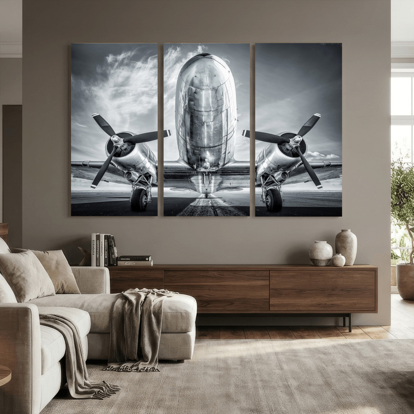 59729636-MGV-CV-36X24 - Vintage Propeller Plane Wall Art Canvas Print, Black and White Airplane Engine Close Up Framed Aviation Artwork for Pilot Office Hangar Decor