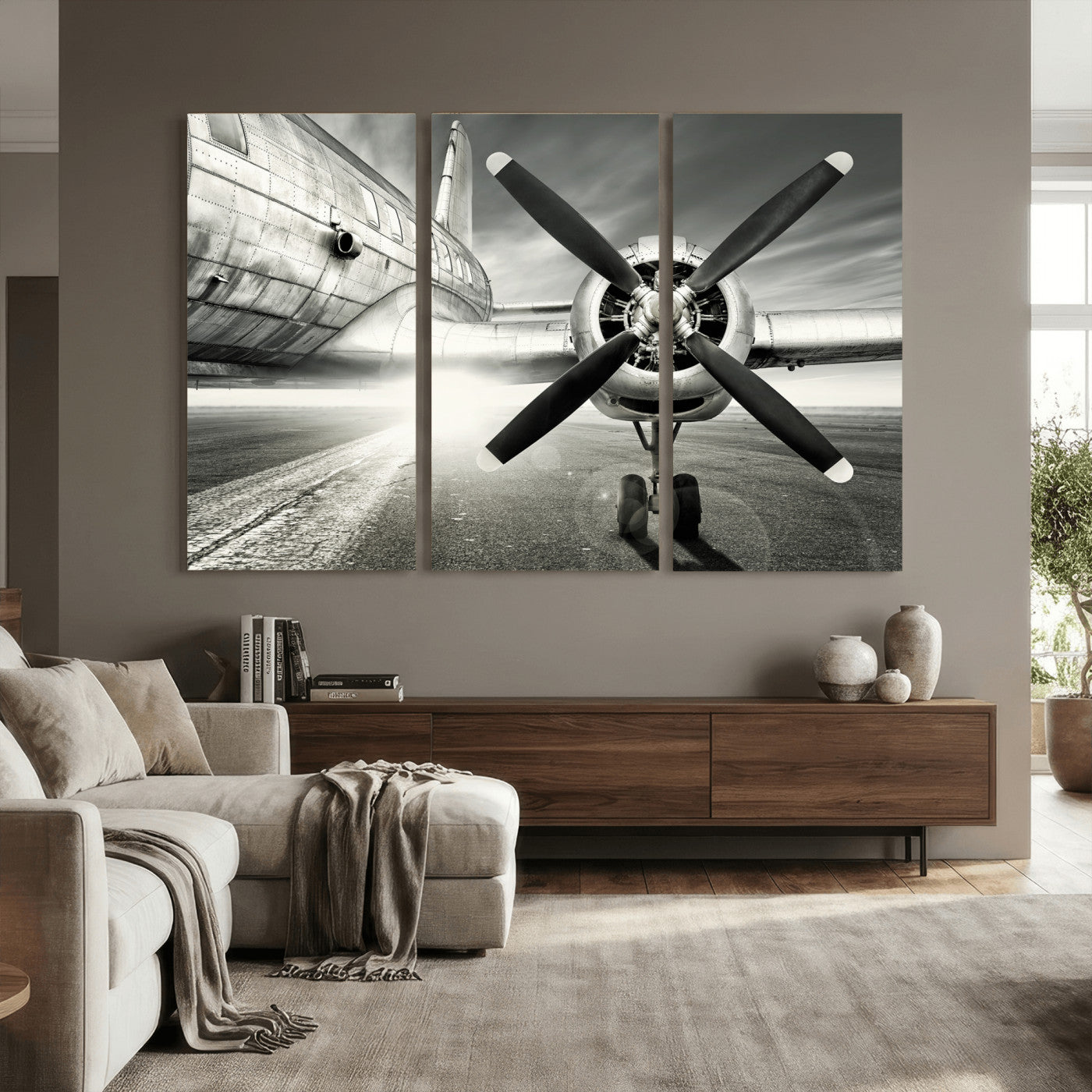 16420255-MGV-CV-36X24 - Vintage Airplane Wall Art Canvas Print, Black and White Propeller Aircraft Framed Aviation Artwork for Pilot Office Hangar Living Room Decor