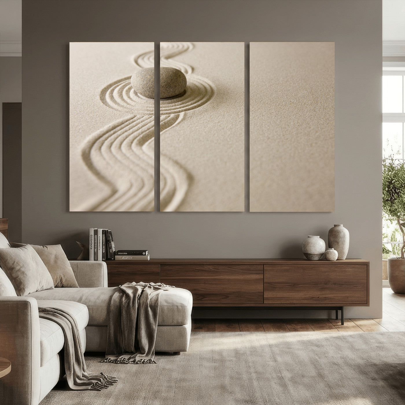 66852661-MGV-CV-36X24 - Zen Garden Stone Sand Canvas | Japanese Rock Garden Wall Art | Minimalist Meditation Print | Neutral Beige Mindfulness Decor