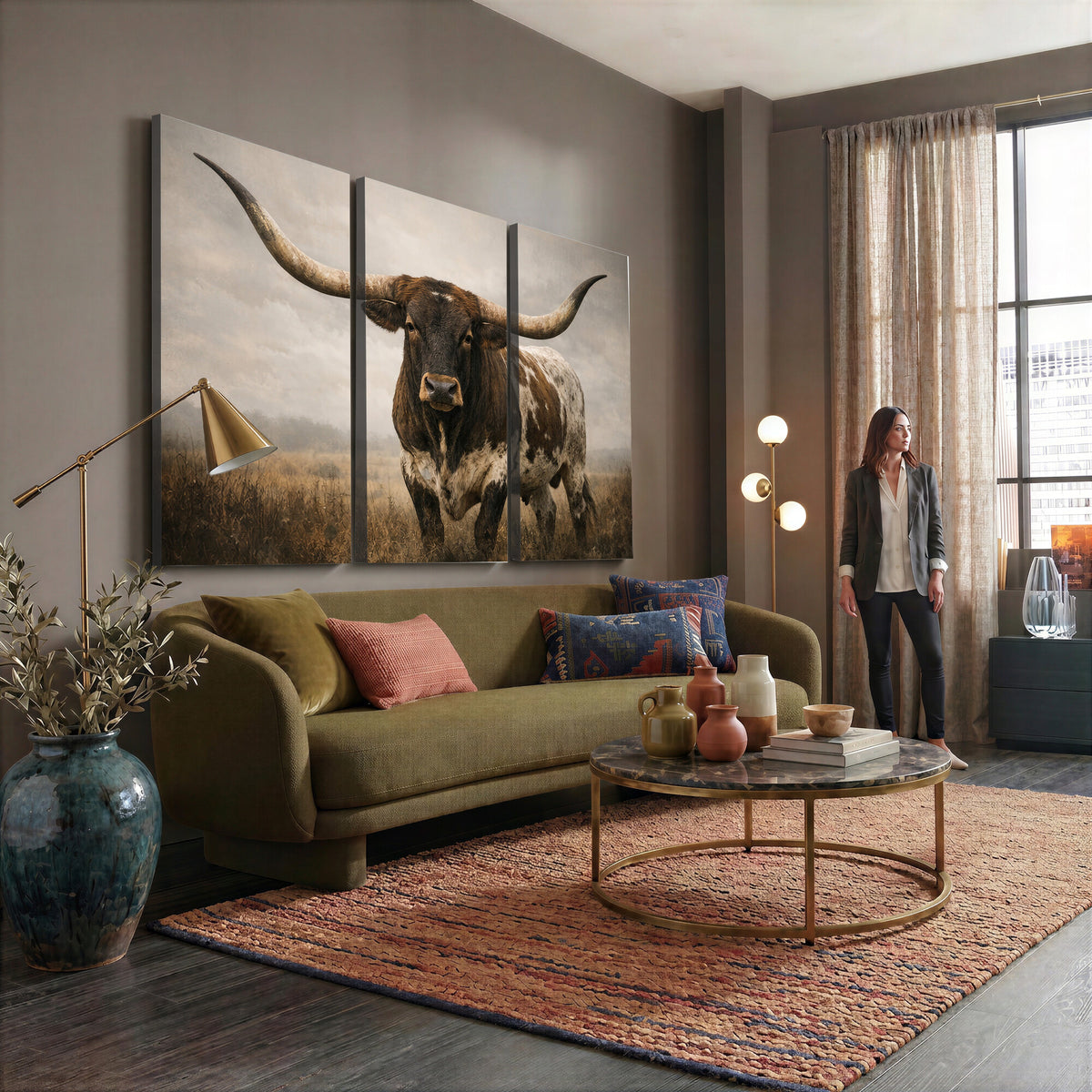 17622011L-_Poster-30x20 - Longhorn Bull Wall Art Canvas Print, Western Farmhouse Decor