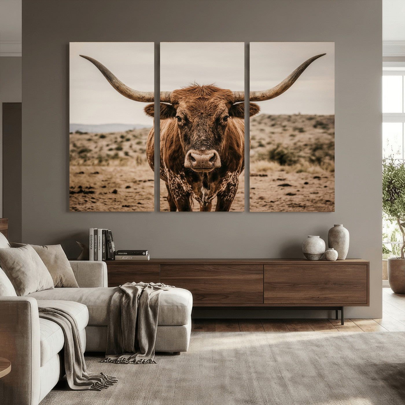 17622011K-MGV-CV-36X24 - Texas Longhorn Bull Wall Art Canvas Print, Western Farmhouse Cowboy Decor, Rustic Texas Ranch Cattle Artwork for Living Room Bedroom Office, Framed Wall Decor