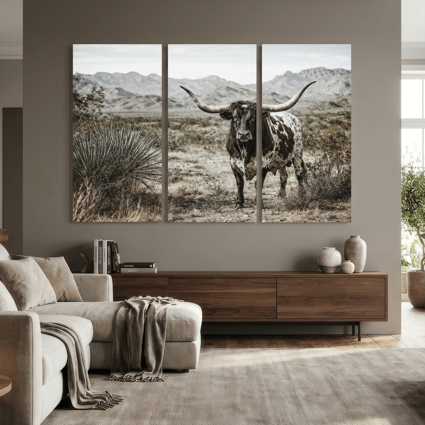 17622011H-MGV-CV-36X24 - Texas Longhorn Bull Wall Art Canvas Print, Western Farmhouse Cowboy Decor, Rustic Texas Ranch Cattle Artwork for Living Room Bedroom Office, Framed Wall Decor