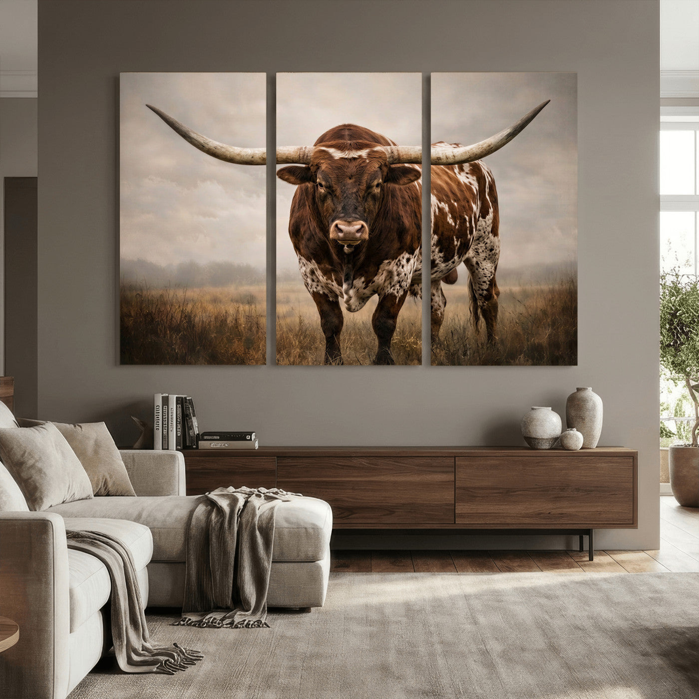 25239047-MGV-CV-36X24 - Texas Longhorn Canvas Wall Art Western Bull Desert Moody Grey Overcast Rustic Farmhouse Framed Large for Living Room Bedroom Office Decor