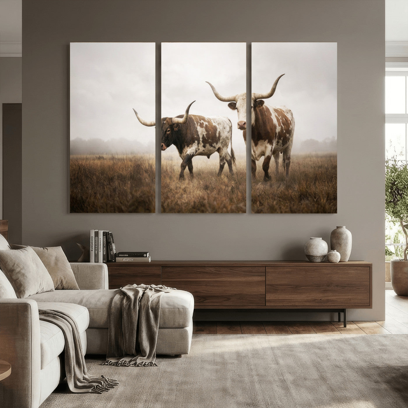 92881702-MGV-CV-36X24 - Texas Longhorn Canvas Wall Art Western Bull Desert Moody Grey Overcast Rustic Farmhouse Framed Large for Living Room Bedroom Office Decor