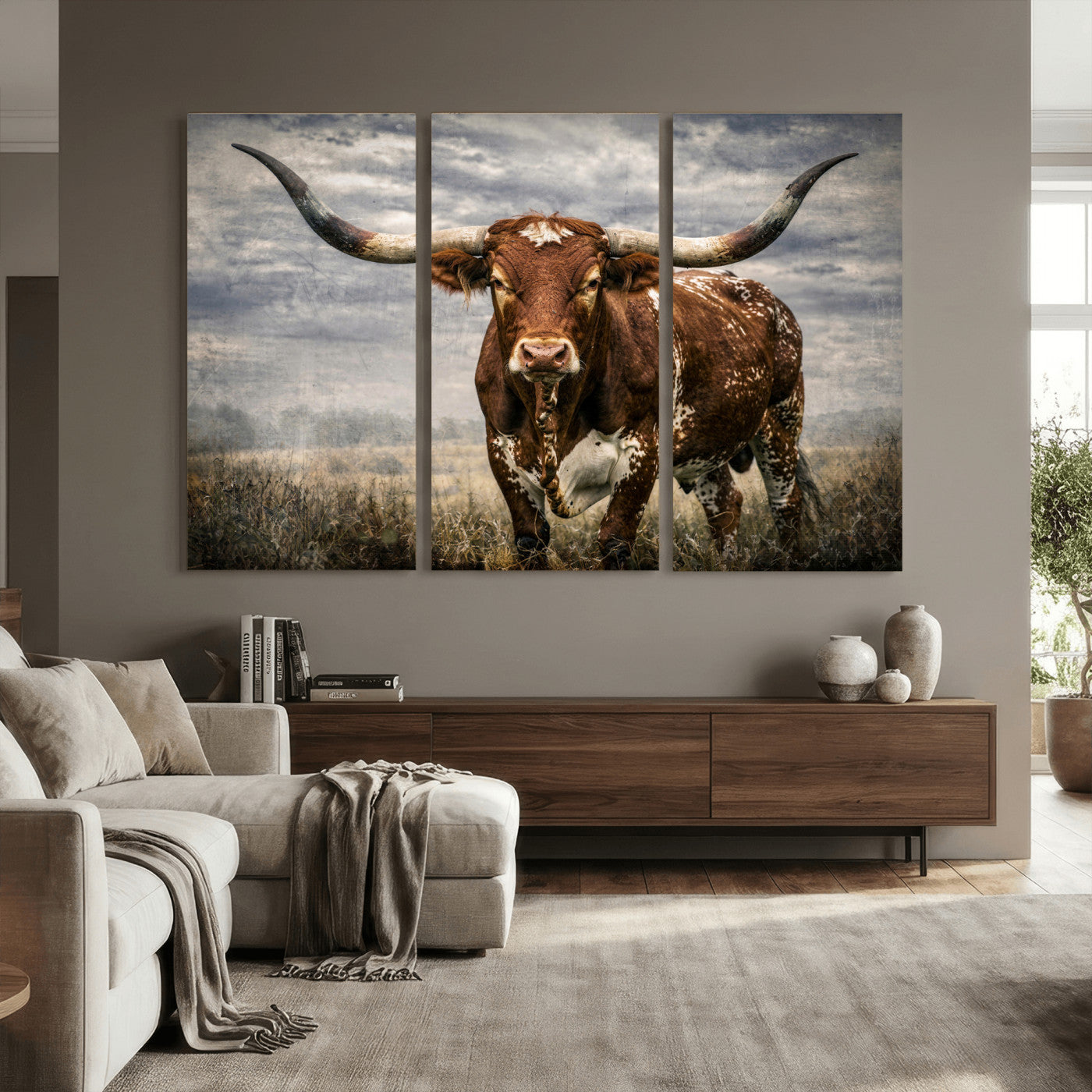 14372769-MGV-CV-36X24 - Texas Longhorn Canvas Wall Art Western Bull Desert Moody Grey Overcast Rustic Farmhouse Framed Large for Living Room Bedroom Office Decor