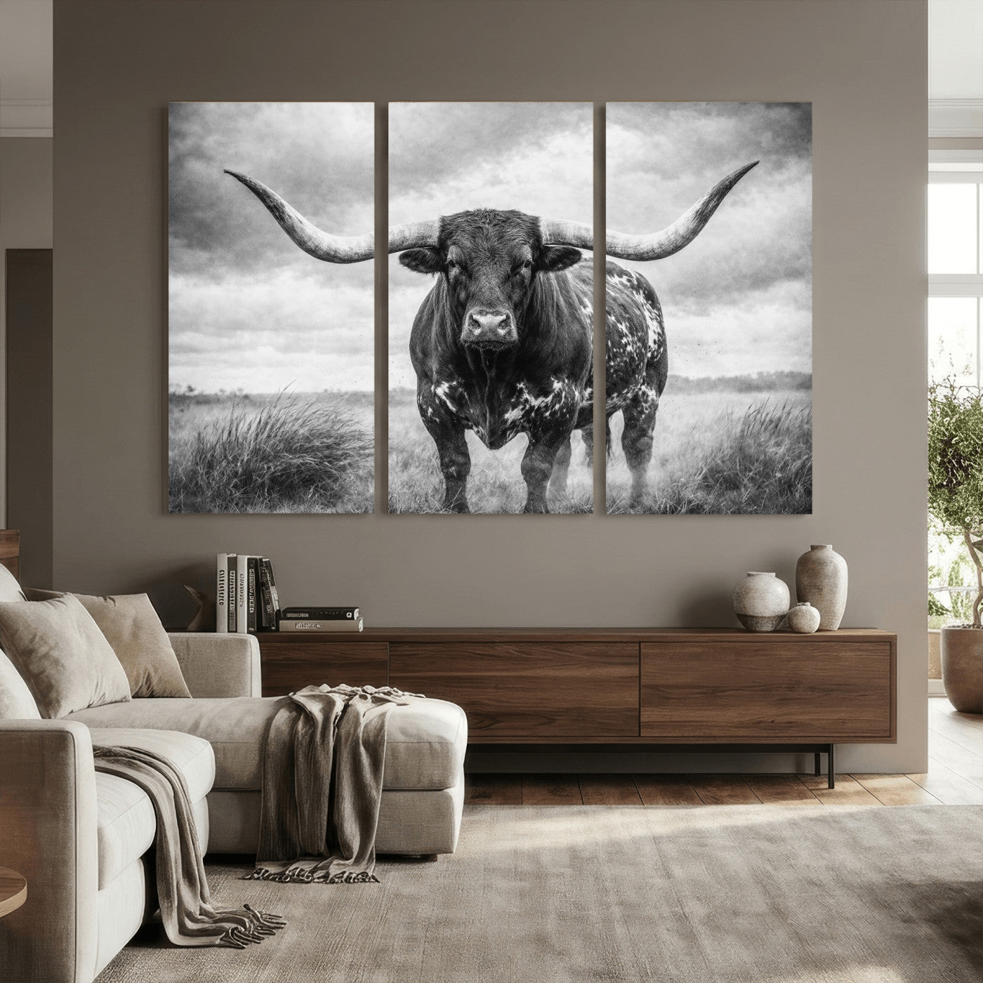 19951238-MGV-CV-36X24 - Texas Longhorn Canvas Wall Art Western Bull Desert Moody Grey Overcast Rustic Farmhouse Framed Large for Living Room Bedroom Office Decor