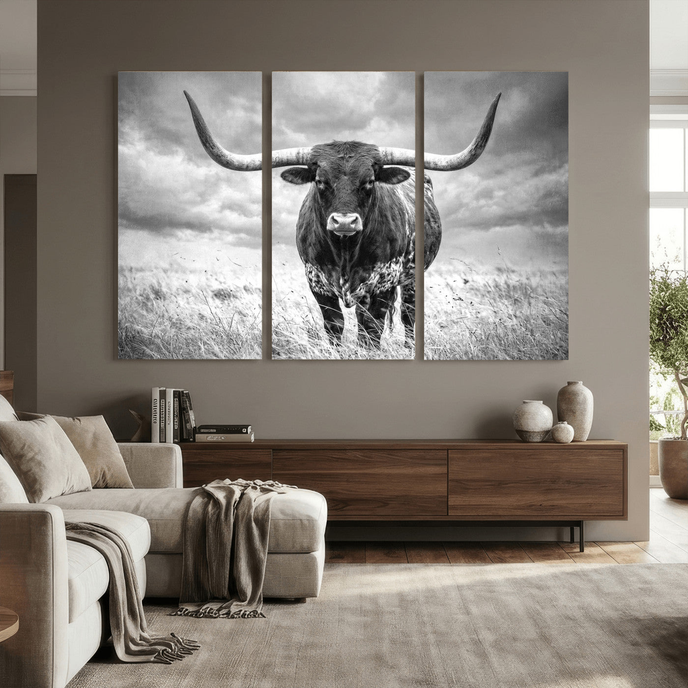 63336115-MGV-CV-36X24 - Texas Longhorn Canvas Wall Art Western Bull Desert Moody Grey Overcast Rustic Farmhouse Framed Large for Living Room Bedroom Office Decor