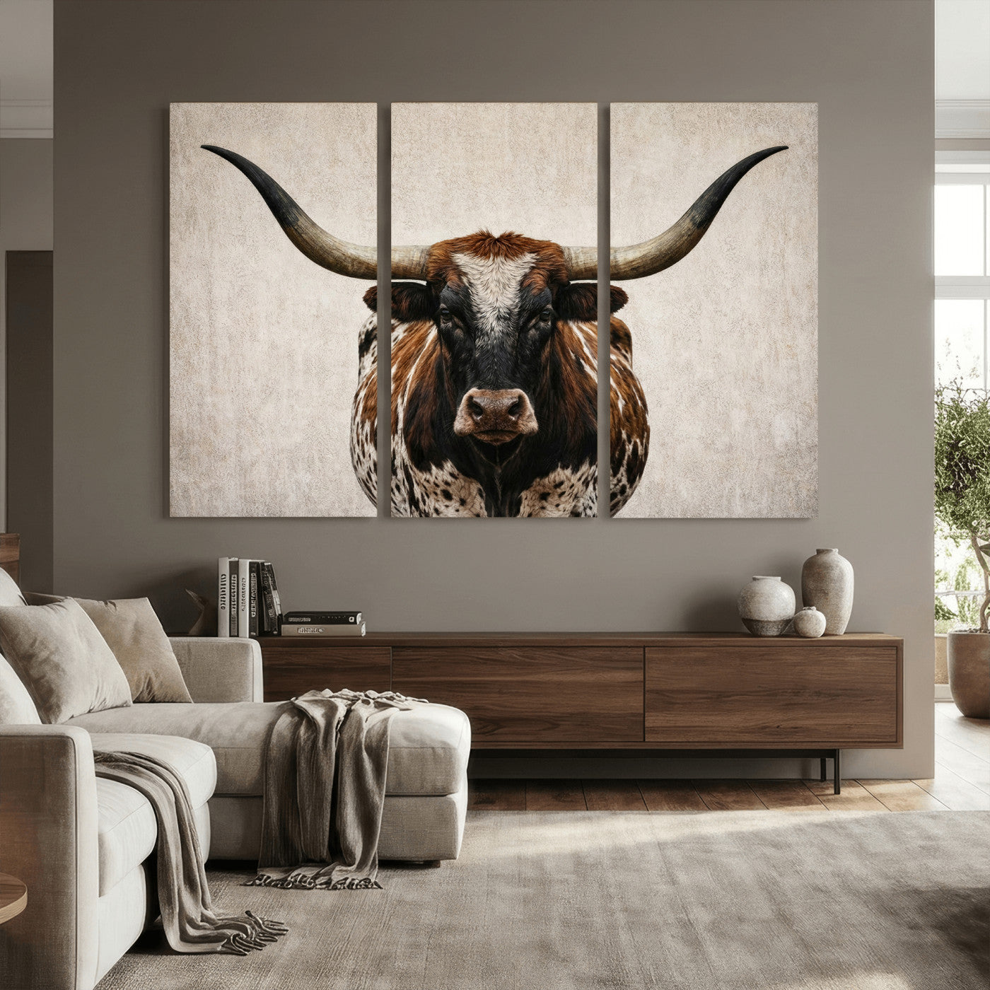 58622065-MGV-CV-36X24 - Texas Longhorn Canvas Wall Art Western Bull Desert Moody Grey Overcast Rustic Farmhouse Framed Large for Living Room Bedroom Office Decor