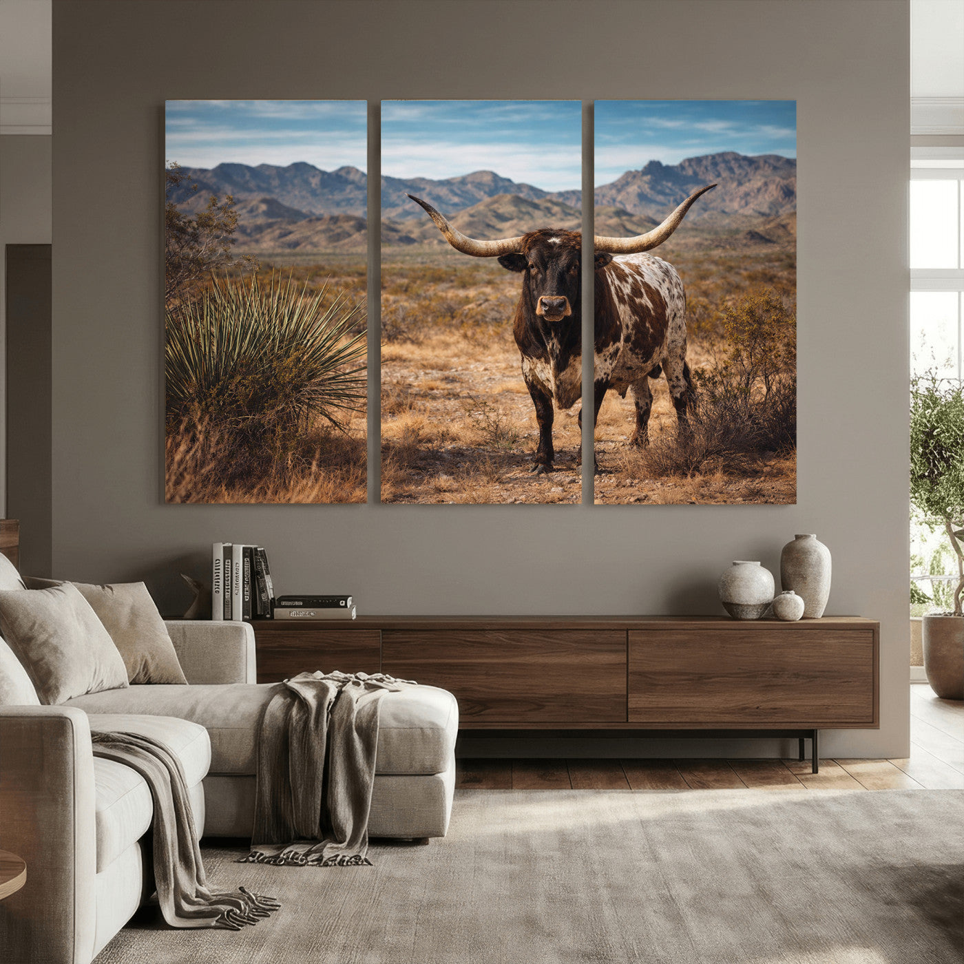 26448918-MGV-CV-36X24 - Texas Longhorn Canvas Wall Art Western Bull Desert Moody Grey Overcast Rustic Farmhouse Framed Large for Living Room Bedroom Office Decor