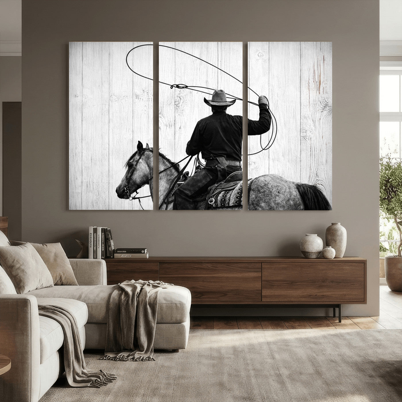 22569358-MGV-CV-36X24 - Cowboy Lasso Canvas Wall Art, Black White Western Horse Photo Print, Rustic Ranch Rodeo Decor, Farmhouse Western Art, Cowboy Gift for Him