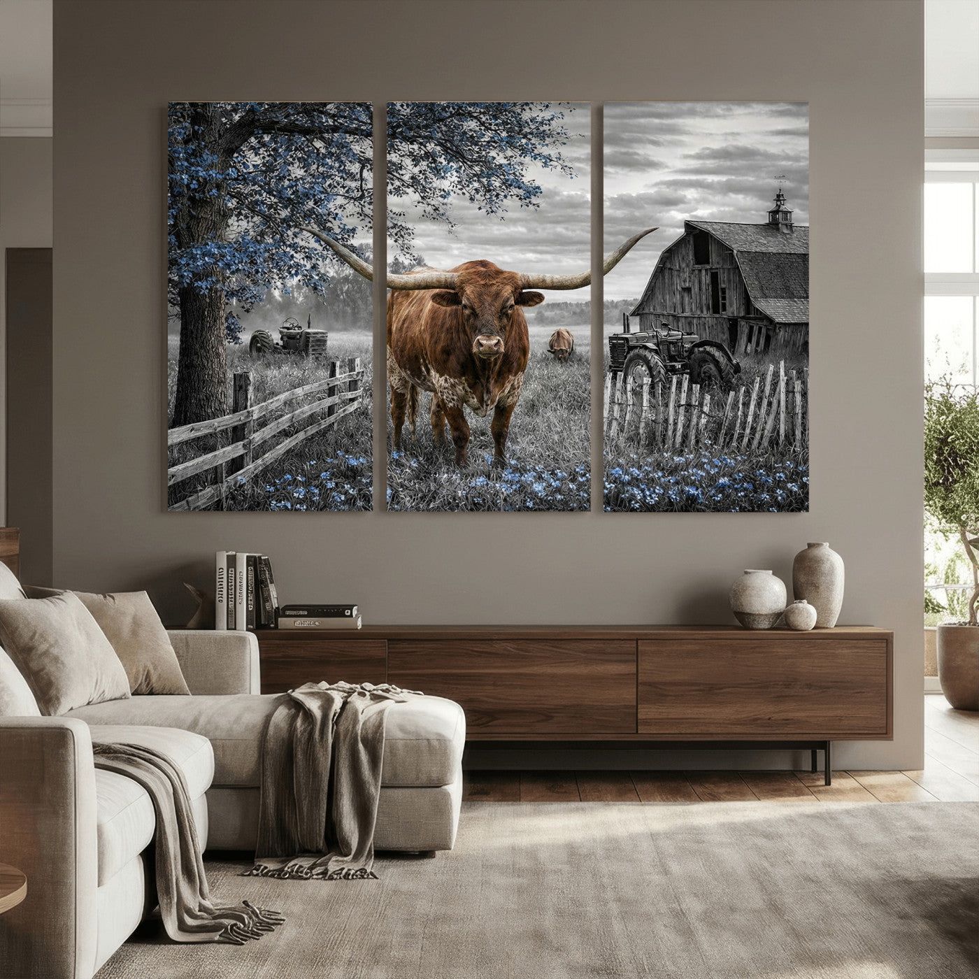 19366343-MGV-CV-36X24 - Texas Longhorn Canvas Wall Art, Rustic Farm Barn Bluebonnet Photography Print, Farmhouse Country Decor, Western Ranch Art, Old Truck Tractor Print