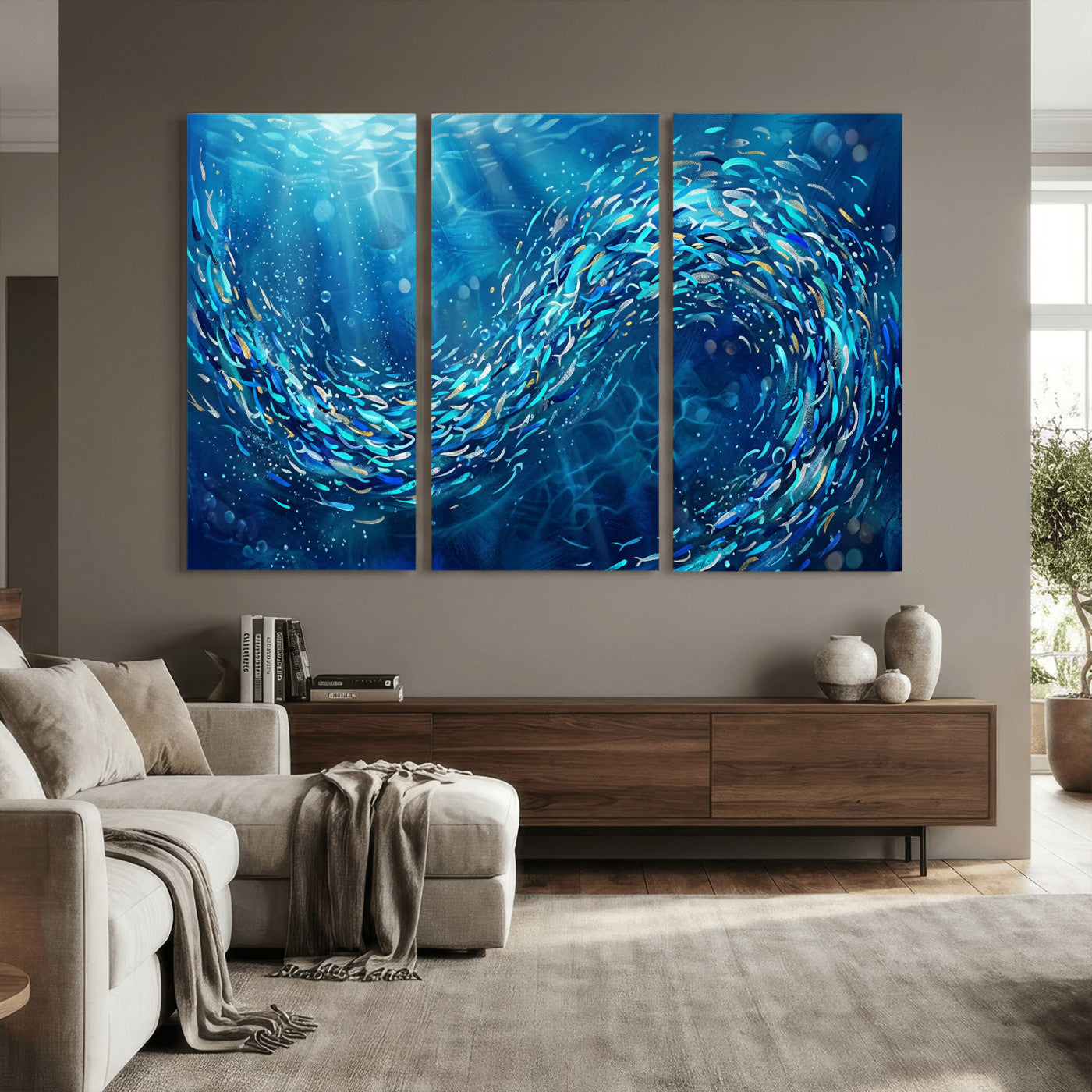 54535639-MGV-CV-36X24 - School of Fish Canvas Print | Blue Ocean Underwater Wall Art | Swirling Fish Shoal Illustration | Marine Navy Coastal Decor