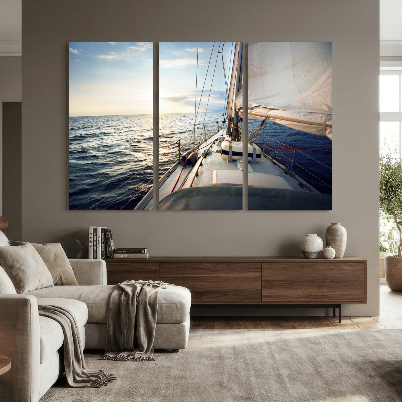 76381335-MGV-CV-36X24 - Sailboat Wall Art Canvas Print, Ocean Sunset Sailing Framed Artwork, Coastal Nautical Seascape Decor for Living Room Office Beach House