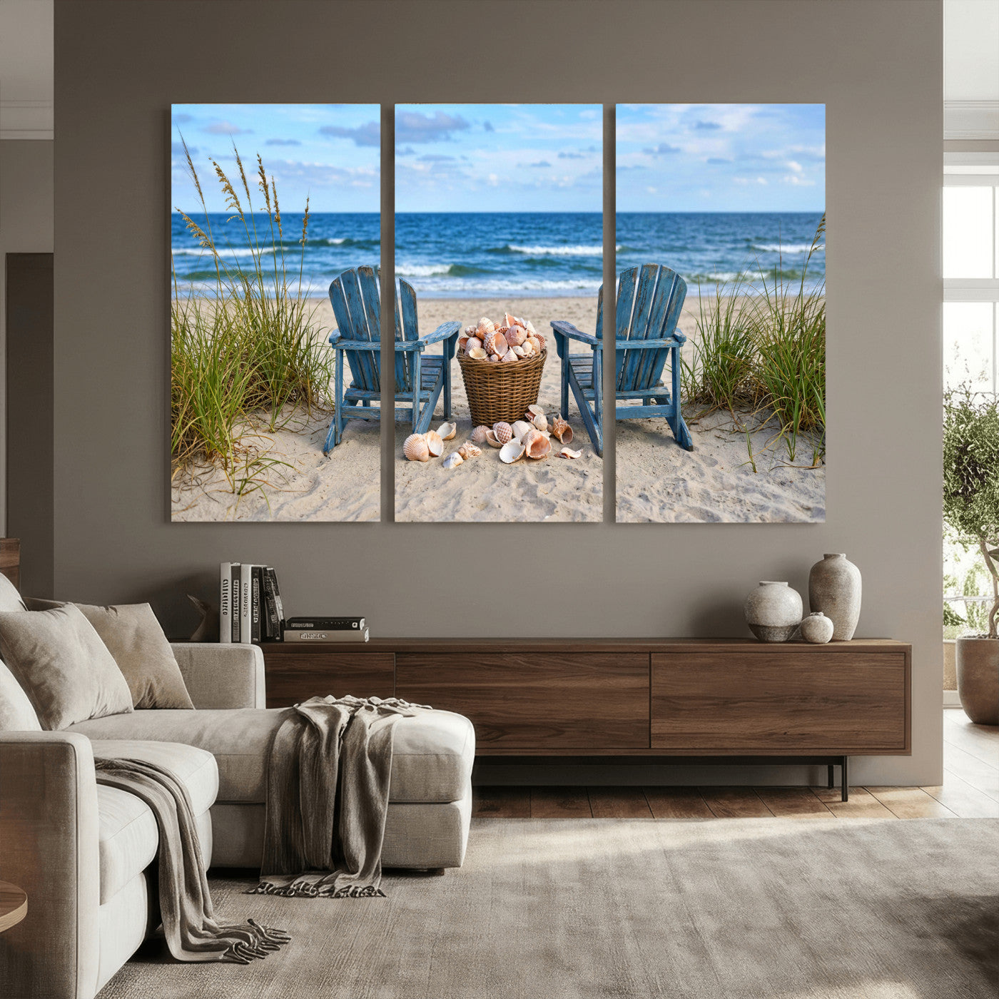 80268829-MGV-CV-36X24 - Large Beach Canvas Wall Art Coastal Adirondack Chairs Ocean Seashells Blue Nautical Framed Large for Living Room Bedroom Bathroom Decor