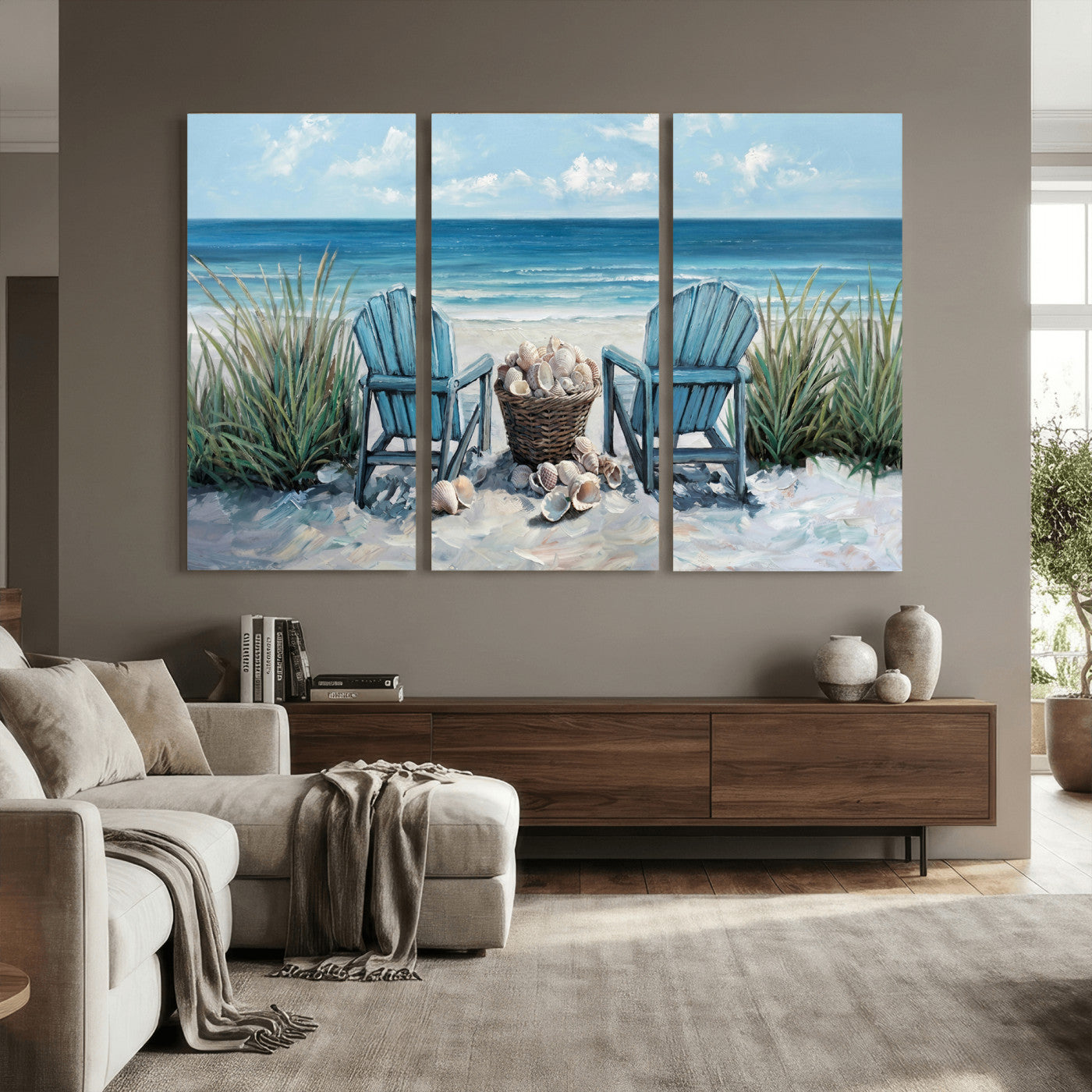 11973028-MGV-CV-36X24 - Beach Canvas Wall Art Coastal Adirondack Chairs Ocean Seashells Blue Nautical Framed Large for Living Room Bedroom Bathroom Decor