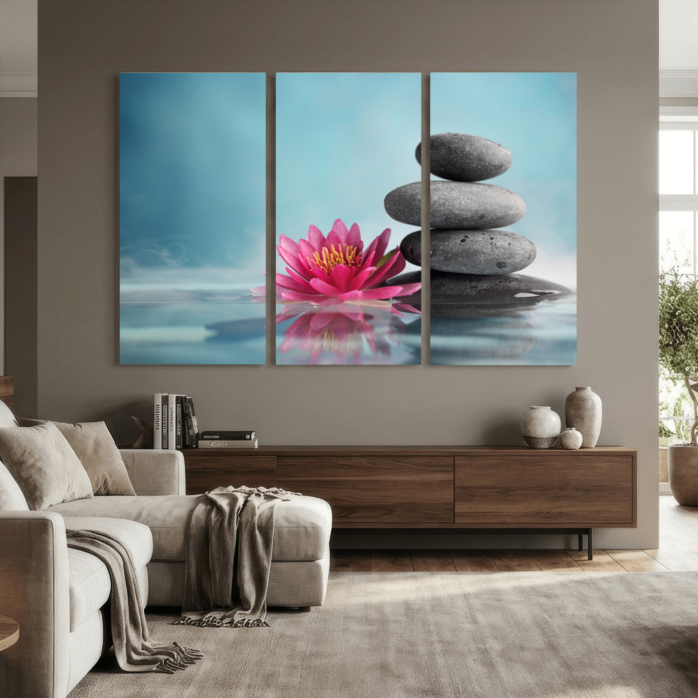 84293154-MGV-CV-36X24 - Zen Canvas Wall Art Lotus Flower Stacked Stones Teal Spa Meditation Relaxation Framed Large for Bathroom Bedroom Living Room Office Decor
