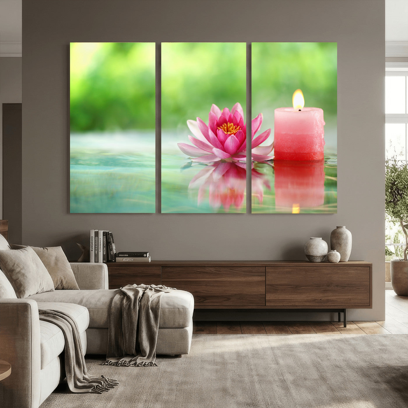 17661715-MGV-CV-36X24 - Zen Lotus Candle Canvas Wall Art Pink Spa Meditation Relaxation Green Bokeh Framed Large for Bathroom Bedroom Living Room Office Decor