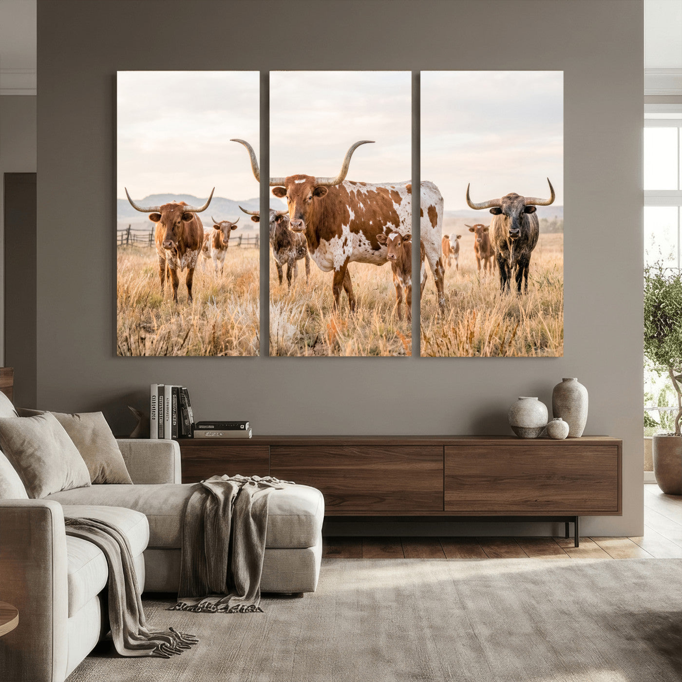 62336425AC-MGV-CV-36X24 - Texas Longhorn Canvas Wall Art, Rustic Farm Animal Photography Print, Farmhouse Country Decor, Western Ranch Art