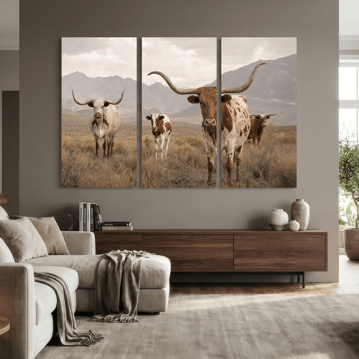 62336425AD-MGV-CV-36X24 - Rustic Texas Longhorn Cow Canvas Wall Art Print, Rustic Farm Animal Photography Print, Farmhouse Country Decor, Western Ranch Art
