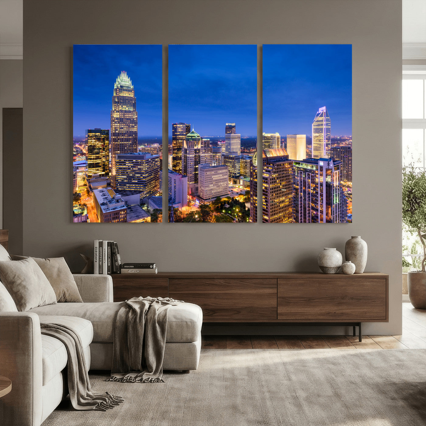 74382190-MGV-CV-36X24 - Charlotte Skyline Canvas Wall Art Print – North Carolina Cityscape Photography Print