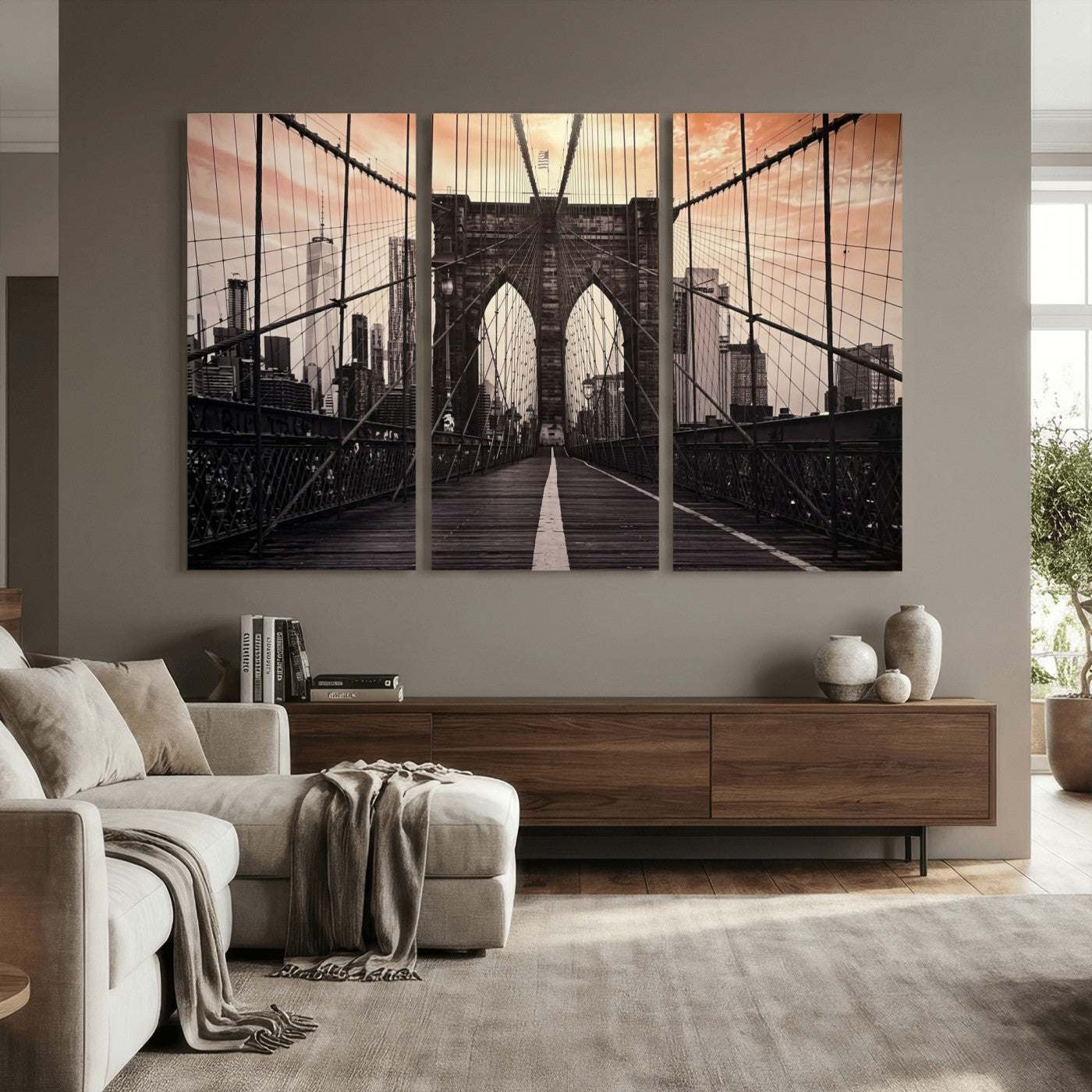 93226664-MGV-CV-36X24 - Brooklyn Bridge Canvas Wall Art, New York City Skyline Photography Print, NYC Landmark Urban Decor Artwork