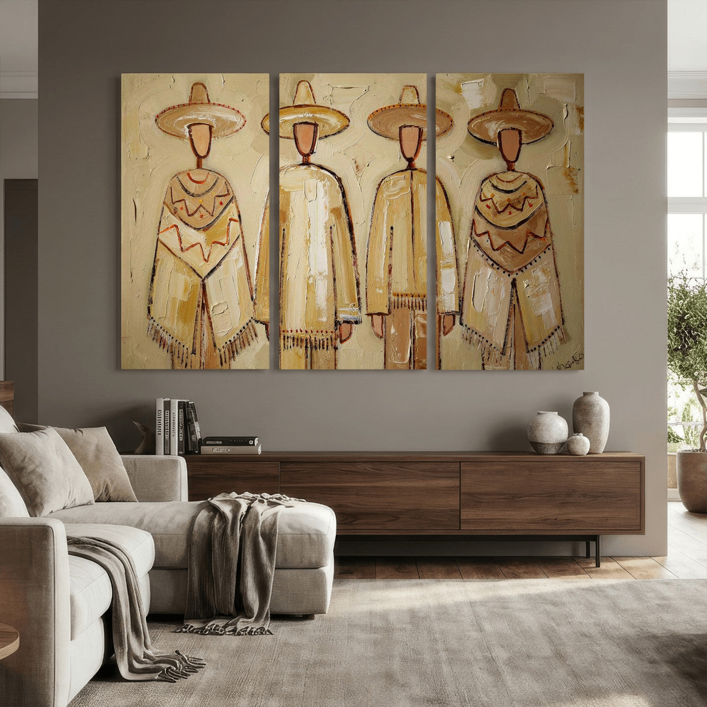 46071653-MGV-CV-36X24 - Mexican Folk Art Canvas Wall Art, Charro Poncho Sombrero Painting Print, Neutral Beige Boho Decor, Southwestern Impasto Style, Living Room Art