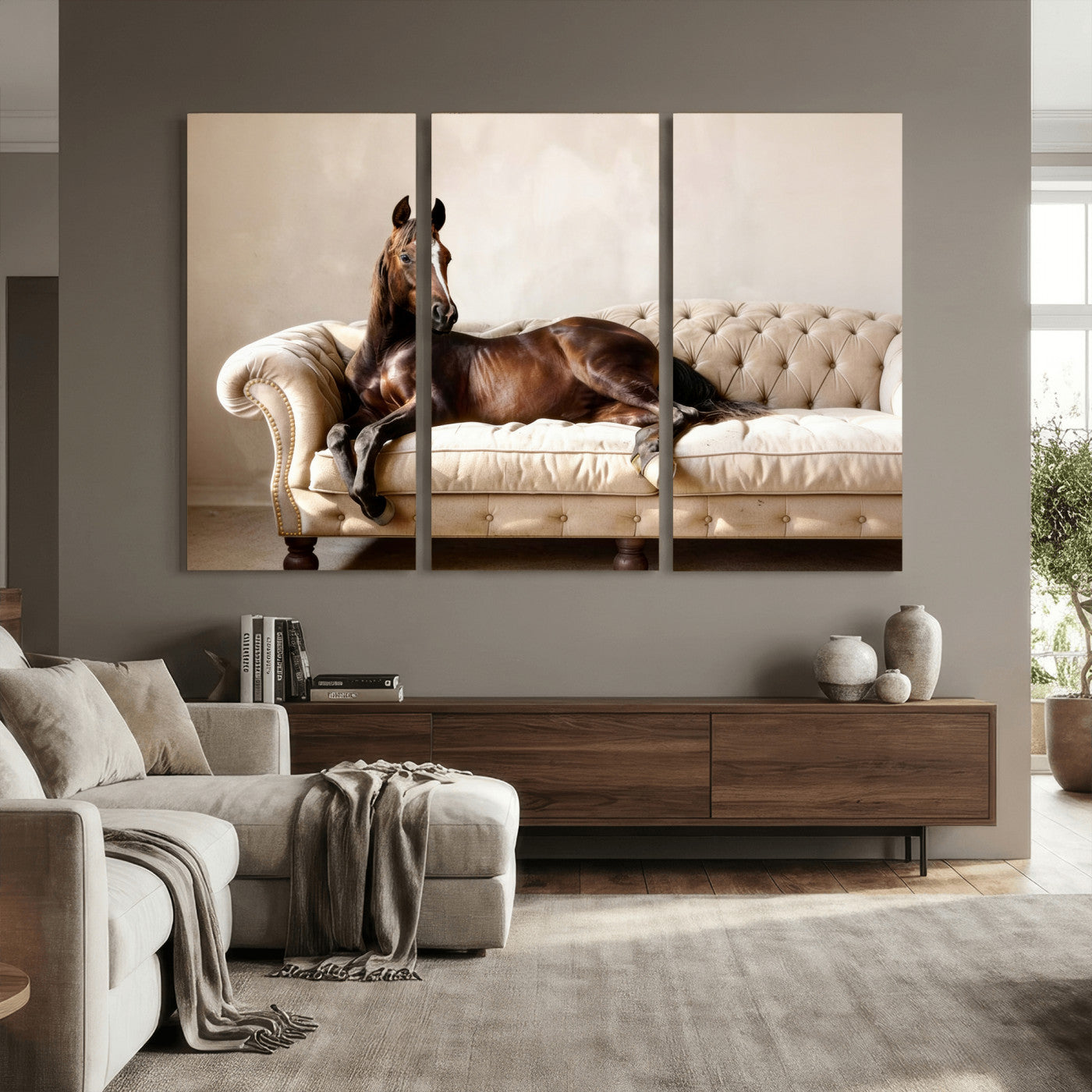 17716841-MGV-CV-36X24 - Funny Horse on Sofa Canvas Wall Art, Quirky Horse Lounging Photo Print, Whimsical Animal Decor, Living Room Conversation Art, Horse Lover Gift