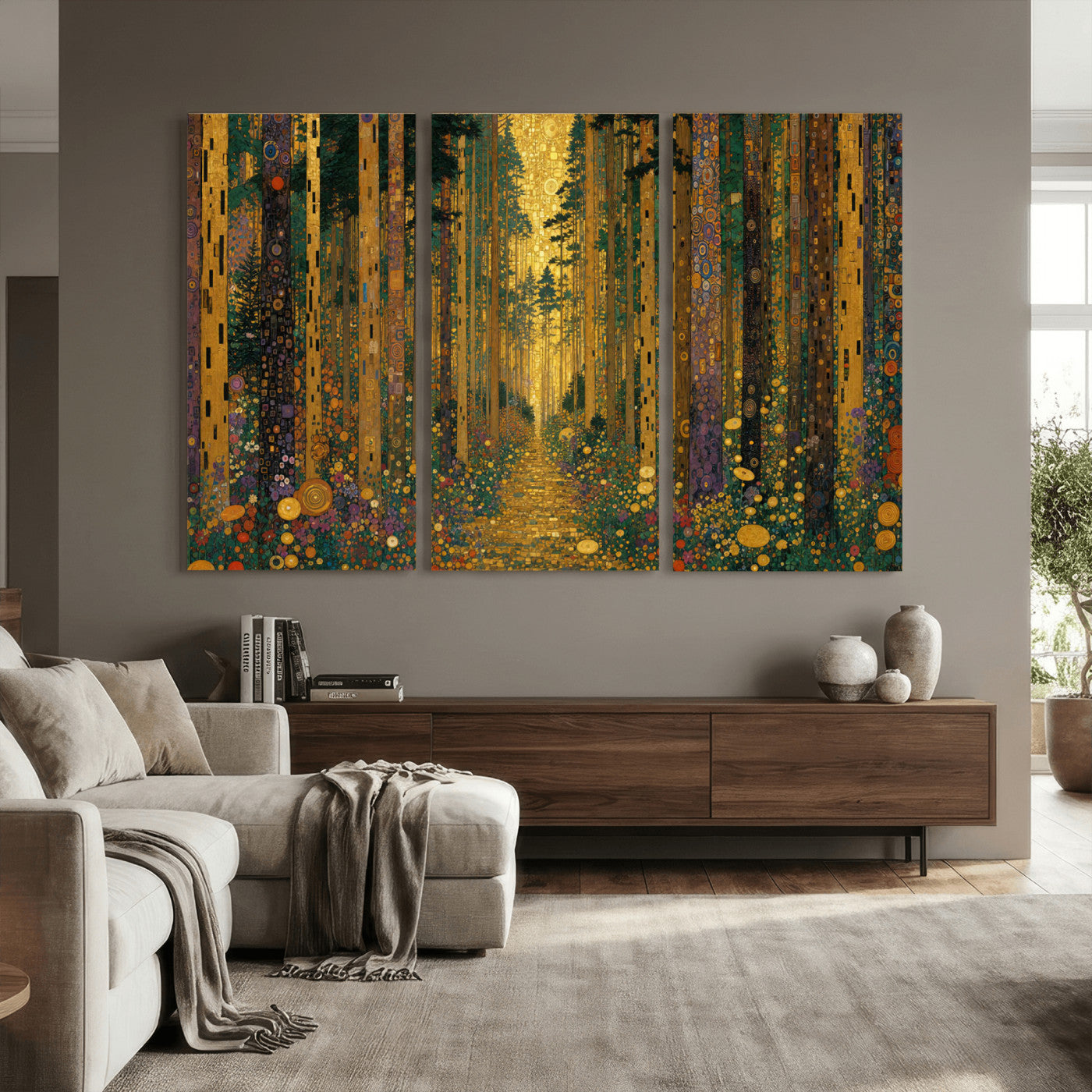 79483321G-MGV-CV-48X32-3P - Gustav Klimt Style Forest Canvas Wall Art, Golden Forest Path Floral Art Nouveau Print, Enchanted Woodland Decor
