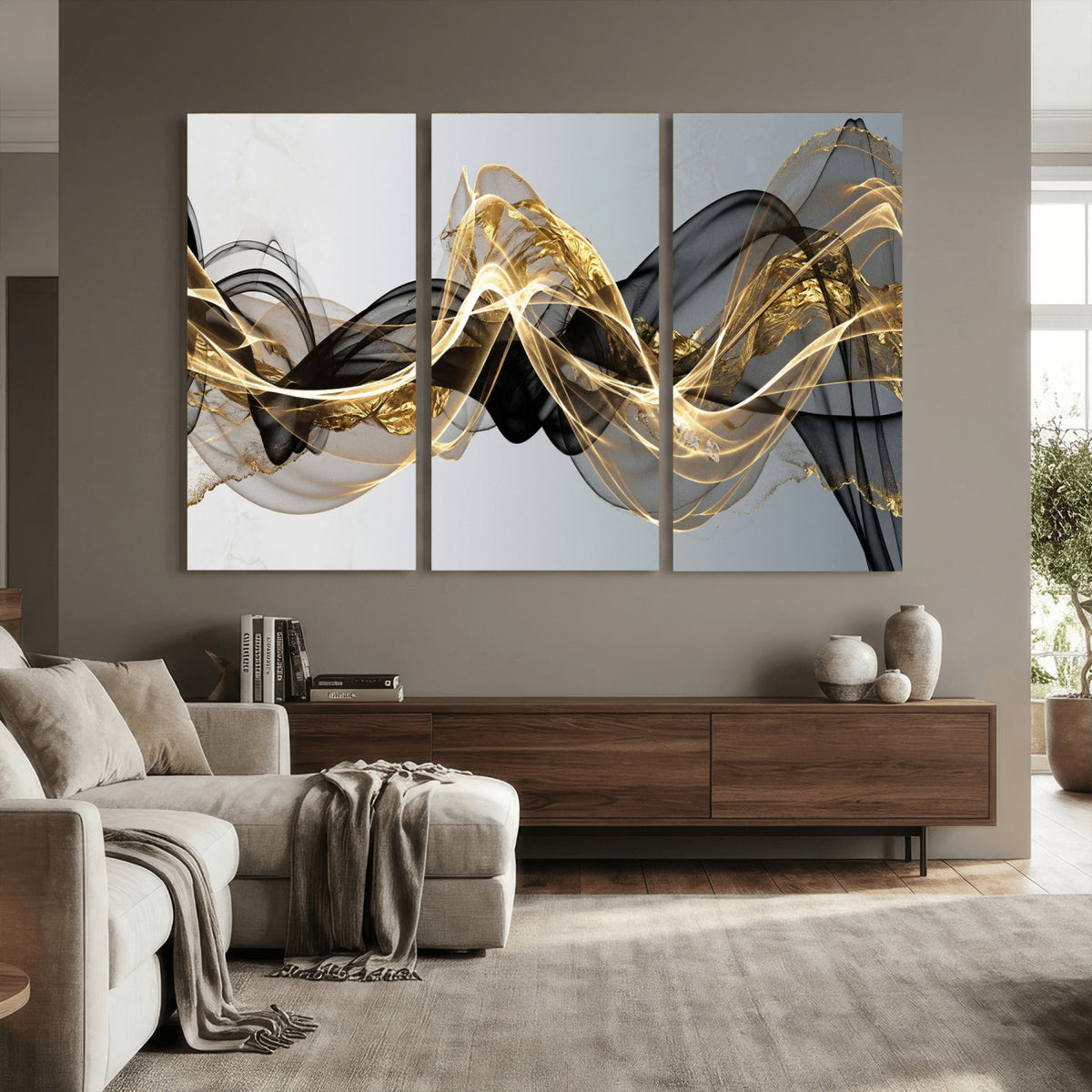 79483321DL-MGV-CV-36X24 - Black and Gold Abstract Wall Art, Modern Wave Canvas Print, Elegant Flowing Smoke Art, Luxury Living Room Decor