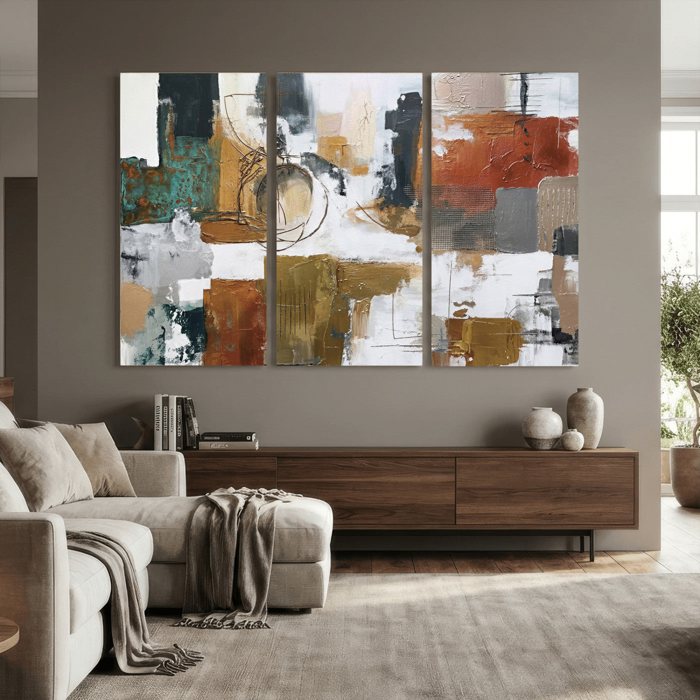 50720312-MGV-CV-36X24 - Blue Teal Abstract Canvas Wall Art, Modern Textured Painting Print, Navy Orange White Contemporary Art, Neutral Living Room Decor, Office Art