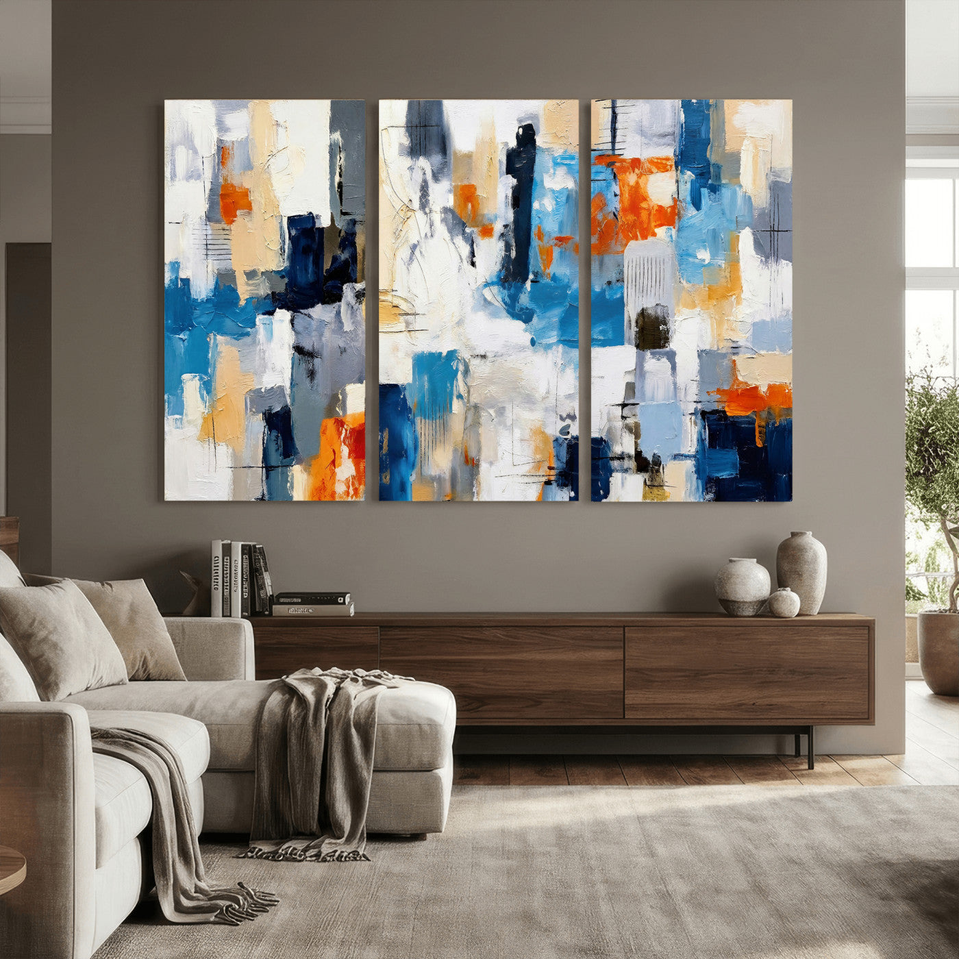 83915061-MGV-CV-36X24 - Blue Teal Abstract Canvas Wall Art, Modern Textured Painting Print, Navy Orange White Contemporary Art, Neutral Living Room Decor, Office Art