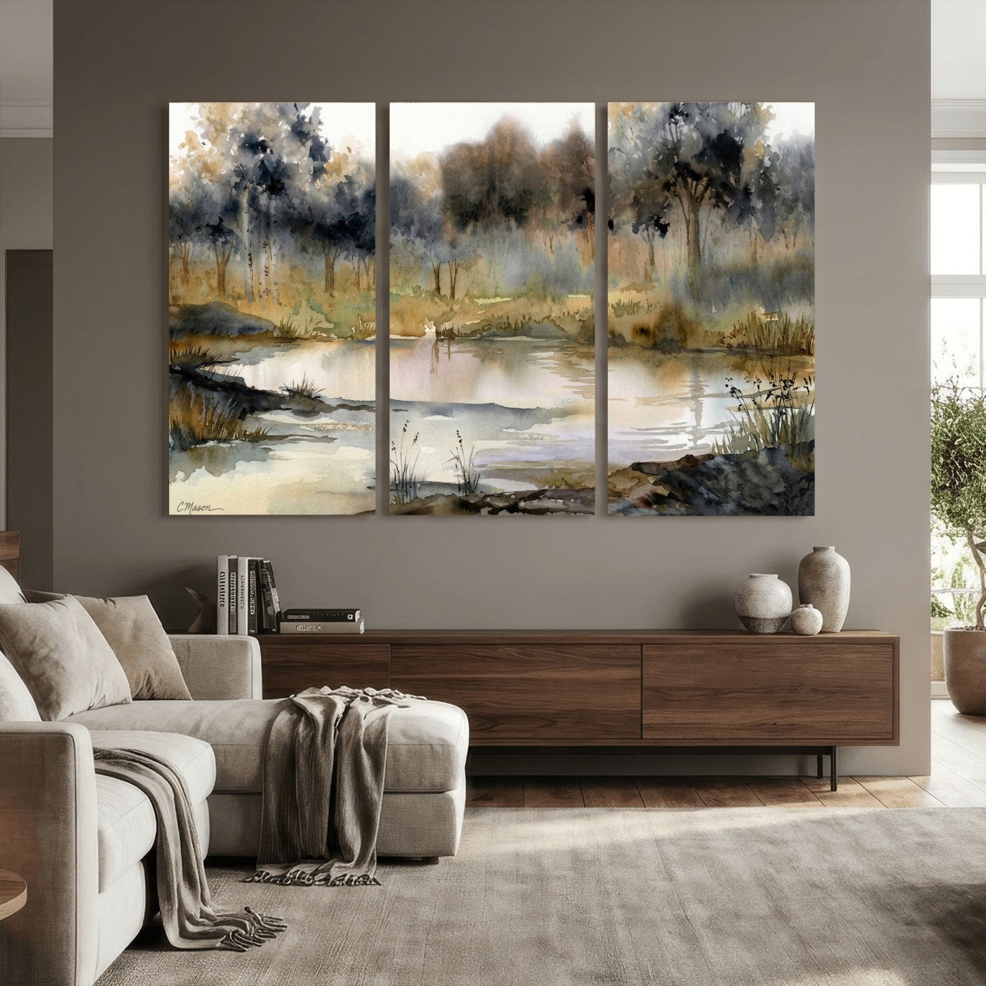 27383609-MGV-CV-36X24 - Abstract Watercolor Autumn Lake Canvas Wall Art Print - Misty Forest Landscape, Rustic Nature Painting, Cabin Wall Decor - Ready to Hang
