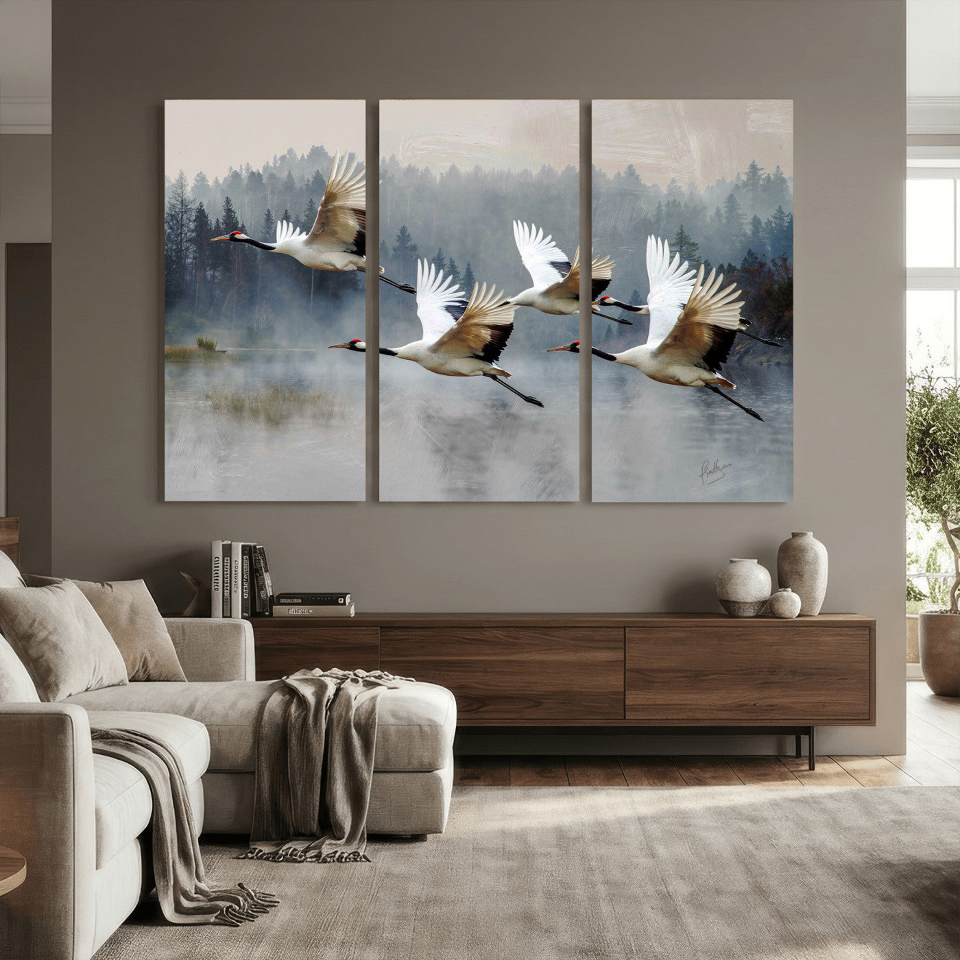 24356826-MGV-CV-36X24 - Flying Crane Canvas Wall Art Print, White Crane Bird Artwork, Wildlife Nature Decor, Lake Landscape Canvas - Ready to Hang