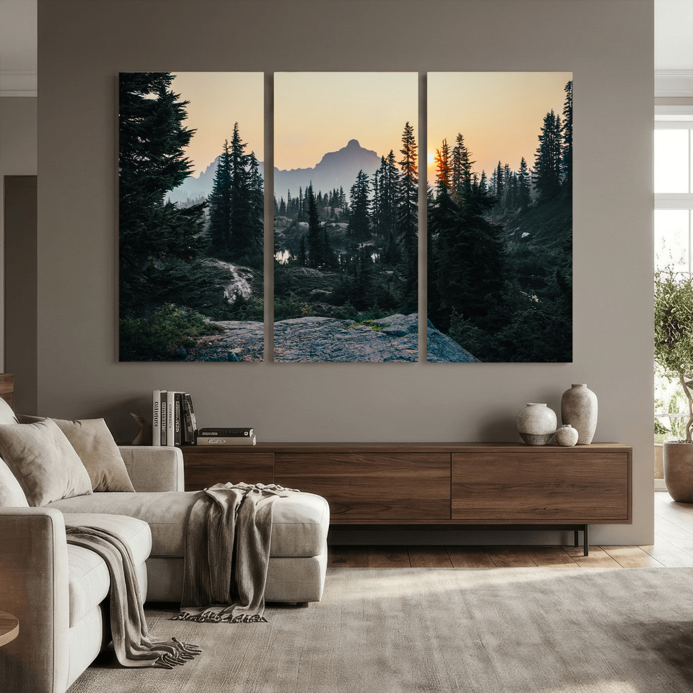 89996020-MGV-CV-36X24 - Mountain Forest Canvas Wall Art Print, Pine Tree Landscape, Sunset Nature Photography, Wilderness Wall Decor, Ready to Hang
