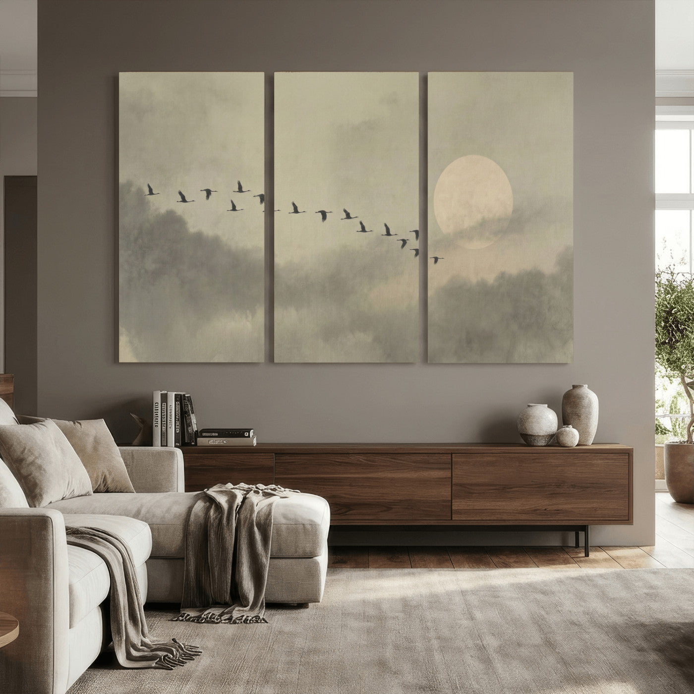 12098149-MGV-CV-36X24 - Flock of Birds Flying to Full Moon Wall Art Canvas Print - Vintage Surreal Clouds Painting