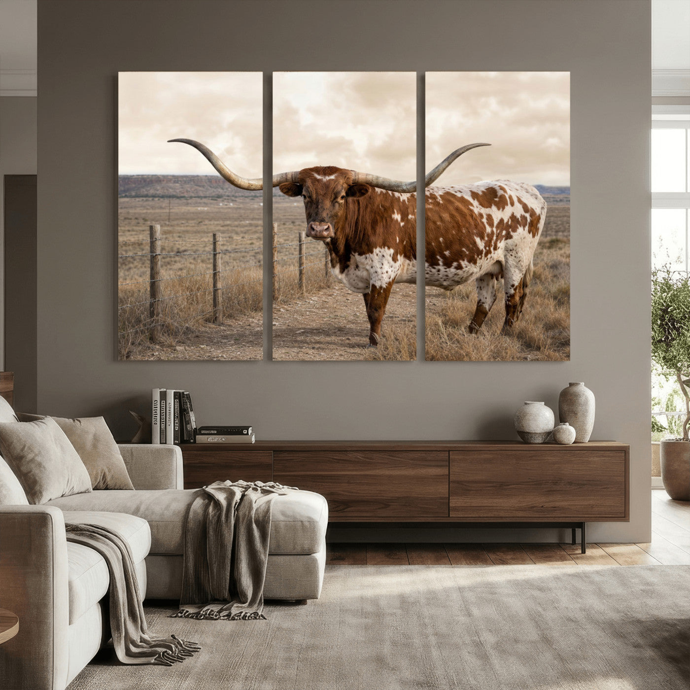 22808364-MGV-CV-36X24 - Texas Longhorn Cattle in Desert Pasture Wall Art Canvas Print - Rustic Western Decor