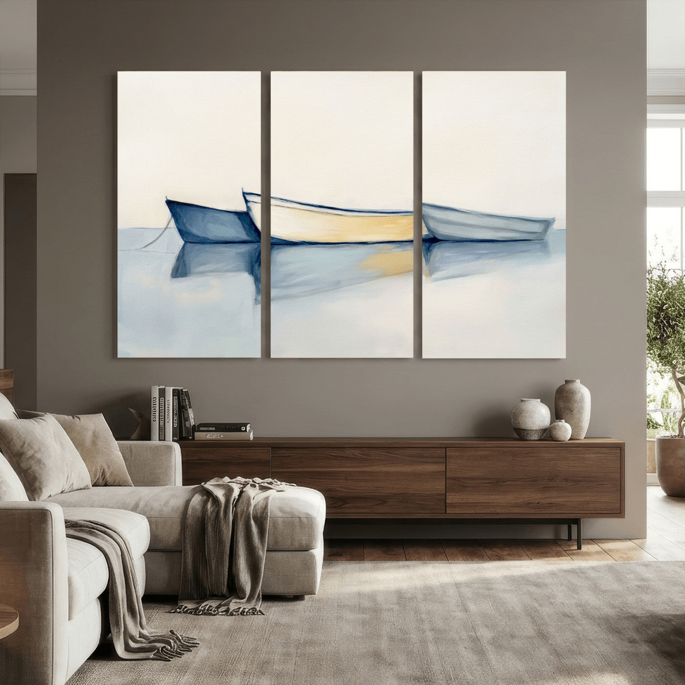 84017361-MGV-CV-36X24 - Abstract Three Boats Reflecting on Water Wall Art Canvas Print - Minimalist Coastal Seascape