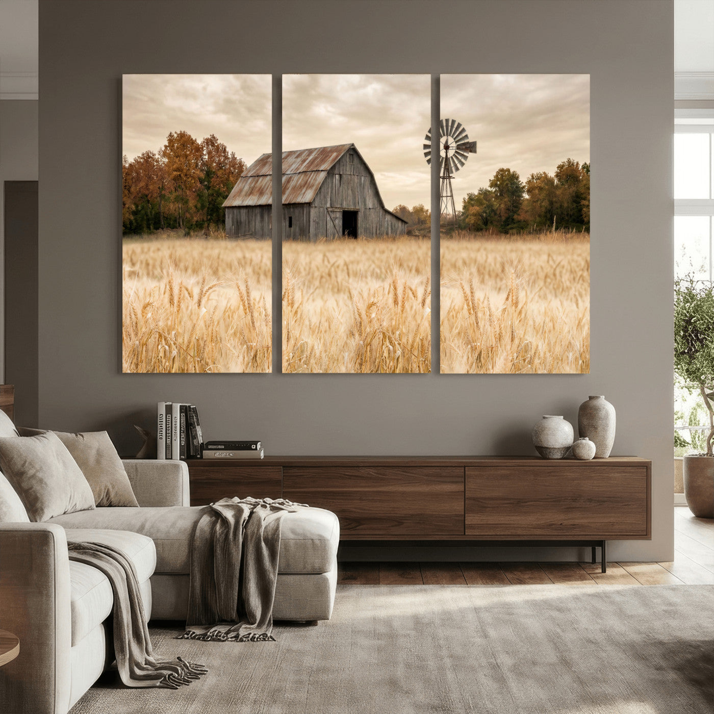 99640659-MGV-CV-36X24 - Rustic Farmhouse Barn and Windmill Wall Art Canvas Print, Country Landscape Photography Print